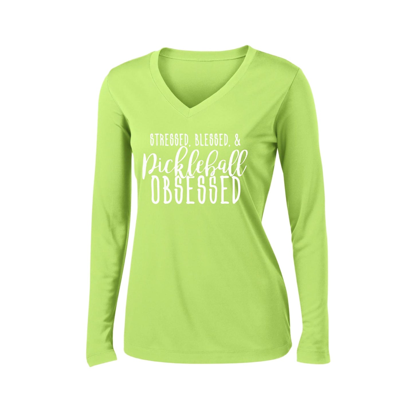 Stressed Blessed & Pickleball Obsessed | Women’s Long Sleeve V-Neck Pickleball Performance T-Shirt | 100% Polyester