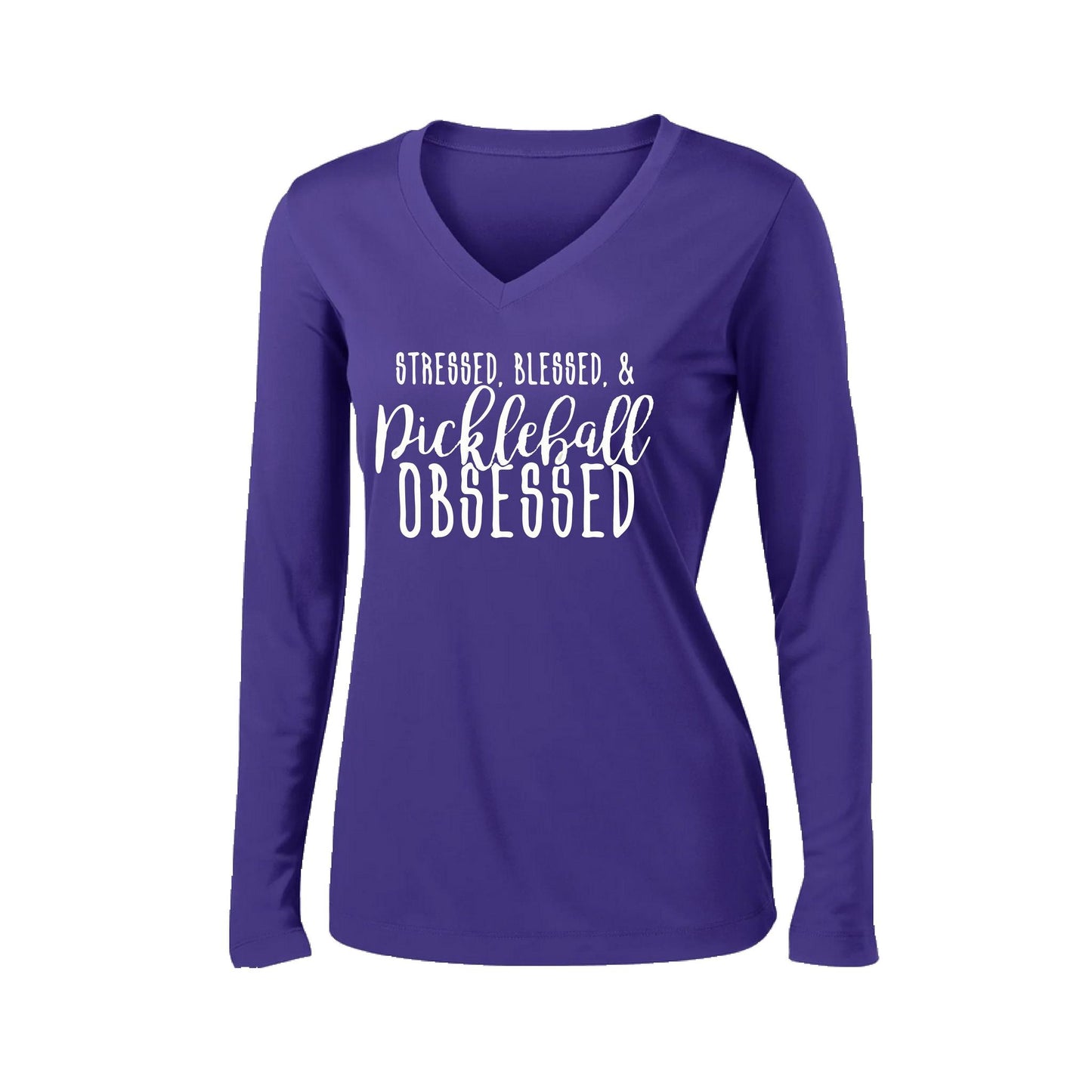 Stressed Blessed & Pickleball Obsessed | Women’s Long Sleeve V-Neck Pickleball Performance T-Shirt | 100% Polyester
