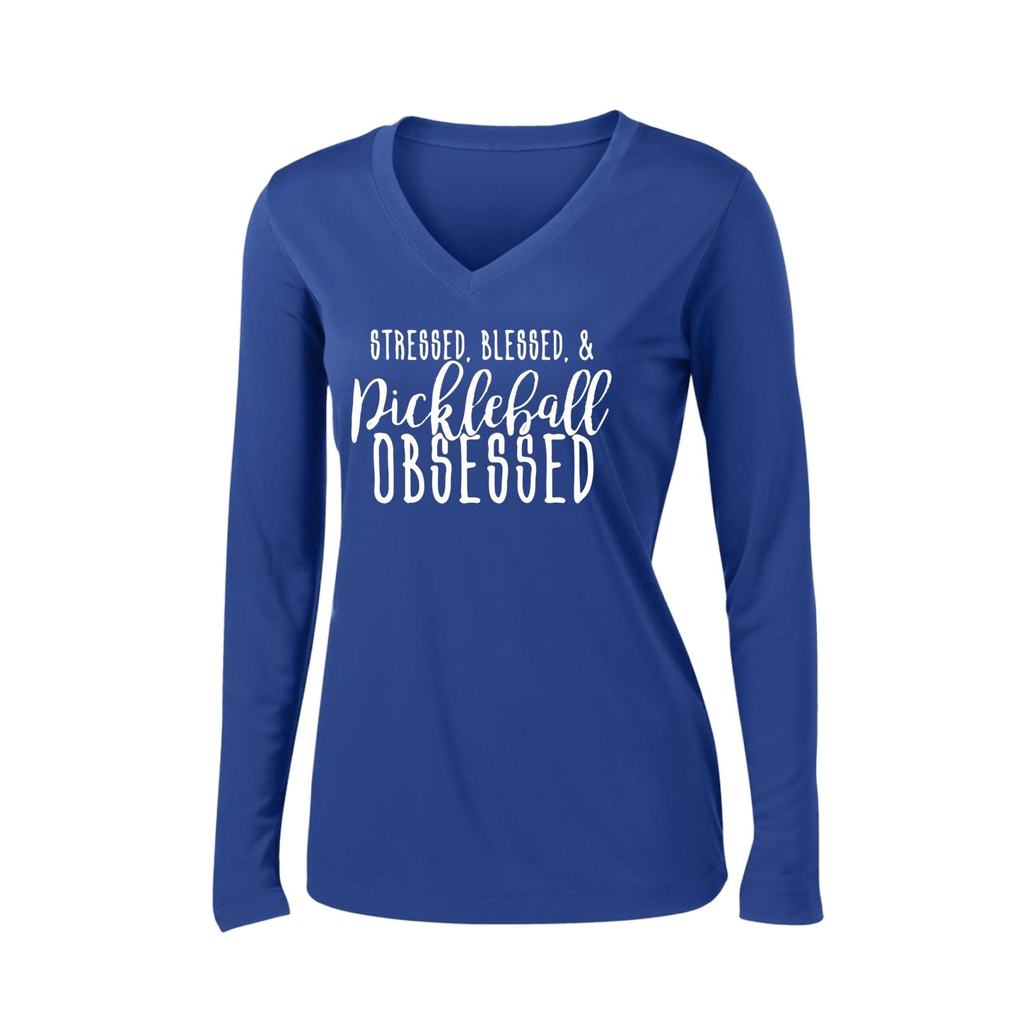 Stressed Blessed & Pickleball Obsessed | Women’s Long Sleeve V-Neck Pickleball Performance T-Shirt | 100% Polyester