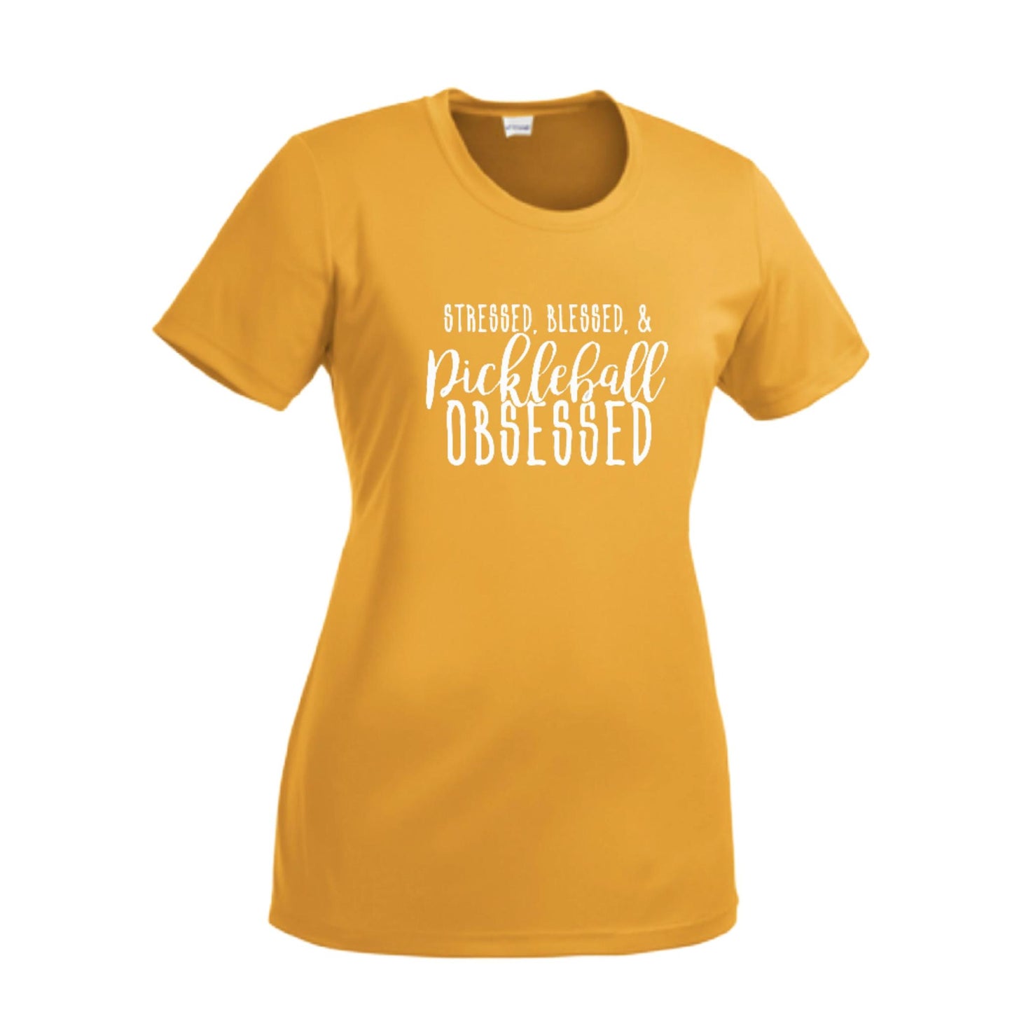 Stressed Blessed & Pickleball Obsessed | Women’s Short Sleeve Crewneck Pickleball Performance T-Shirts | 100% Polyester