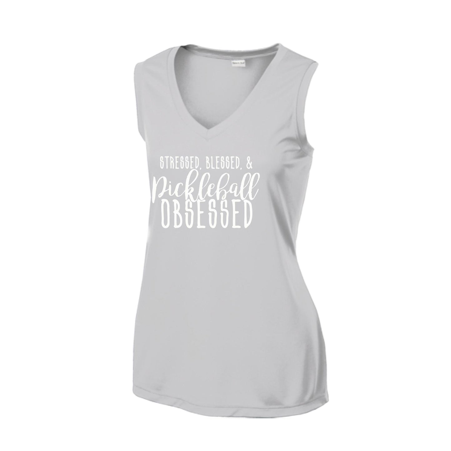 Stressed Blessed & Pickleball Obsessed | Women’s Sleeveless Pickleball Performance T-Shirt | 100% Polyester