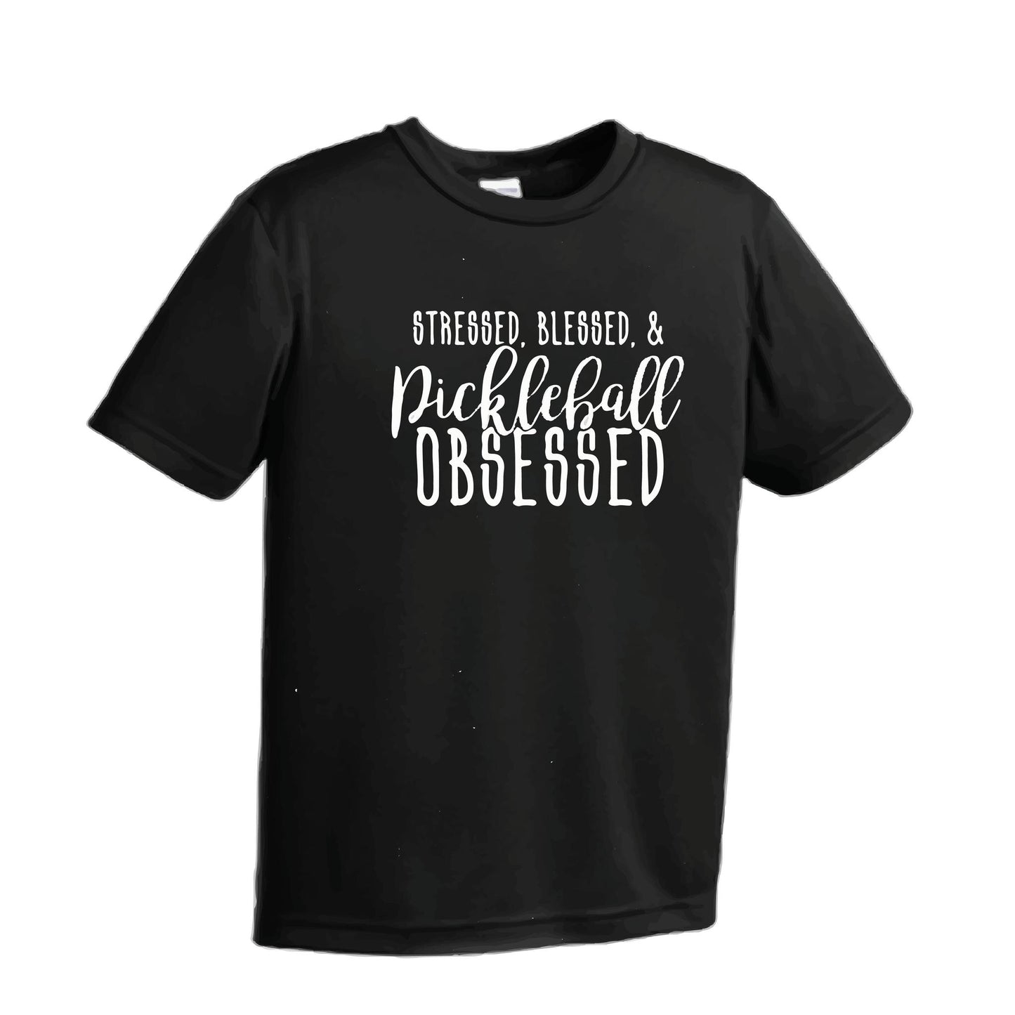 Stressed Blessed & Pickleball Obsessed | Youth Short Sleeve Pickleball Performance T-Shirts | 100% Polyester