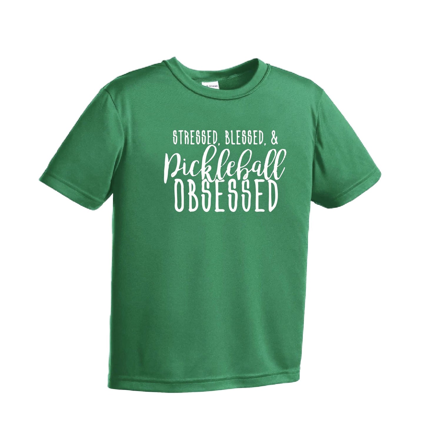 Stressed Blessed & Pickleball Obsessed | Youth Short Sleeve Pickleball Performance T-Shirts | 100% Polyester