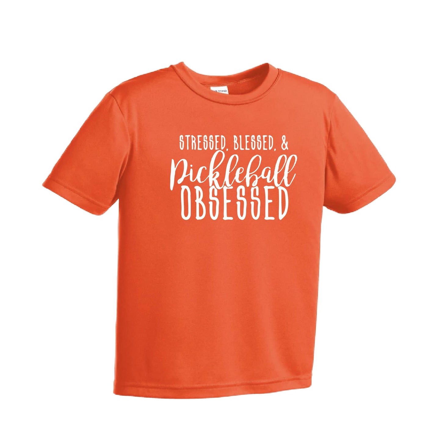 Stressed Blessed & Pickleball Obsessed | Youth Short Sleeve Pickleball Performance T-Shirts | 100% Polyester