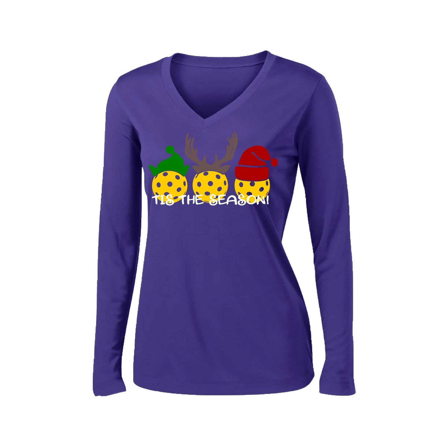 Tis the Season | Women’s Long Sleeve V-Neck Pickleball Performance T-Shirt | 100% Polyester
