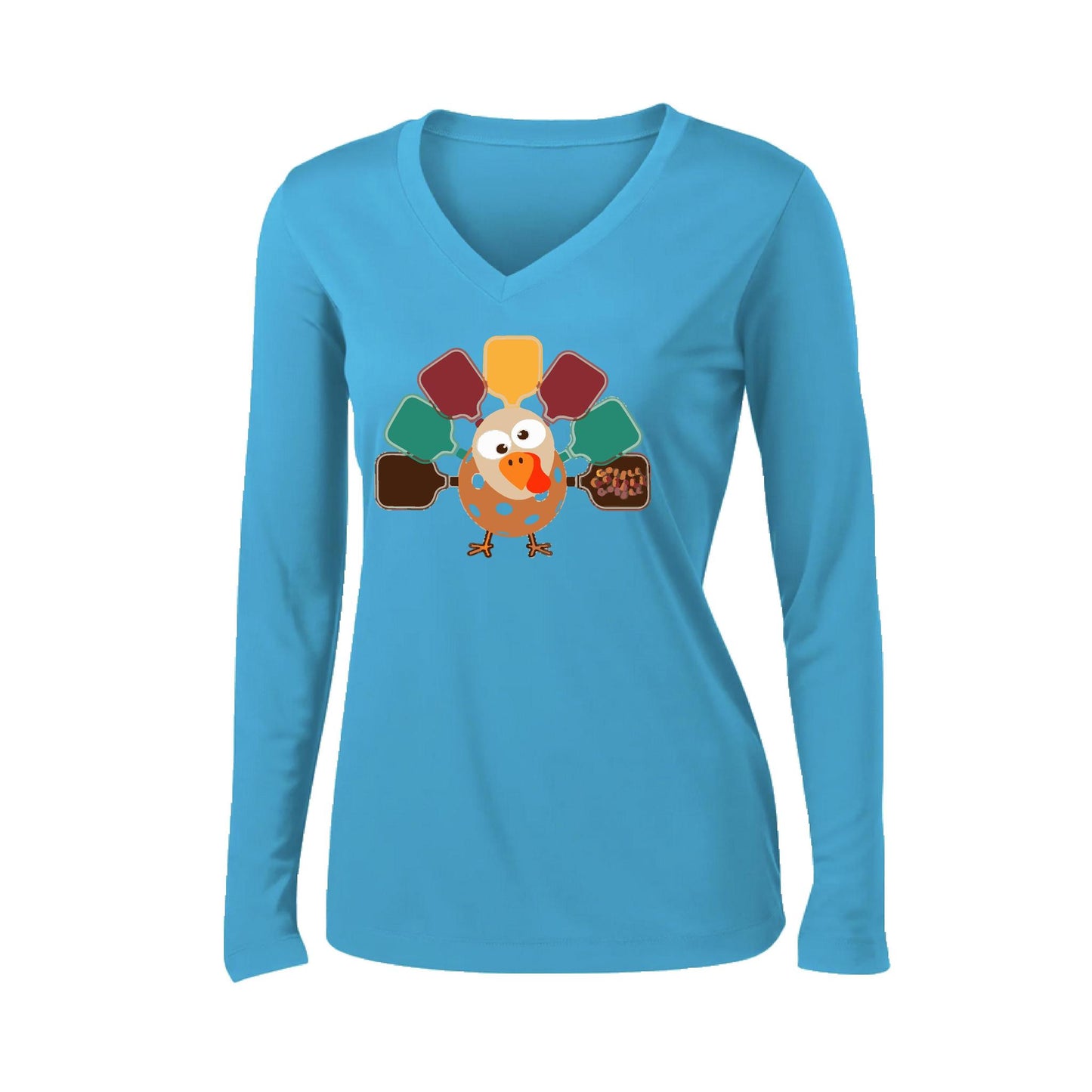 Turkey Pickleball | Women’s Long Sleeve V-Neck Pickleball Performance T-Shirt | 100% Polyester