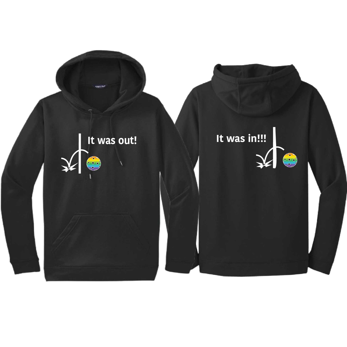 It Was Out! It Was In! (Pickleballs Pink Purple Rainbow) | Unisex Hoodie Athletic Sweatshirt | 50% Cotton/50% Polyester