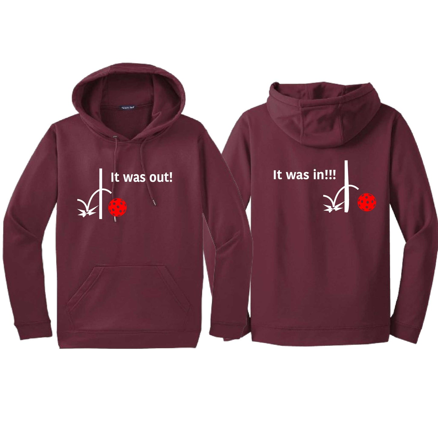 It Was Out! It Was In! (Pickleballs Red White Yellow) | Unisex Hoodie Athletic Sweatshirt | 50% Cotton/50% Polyester