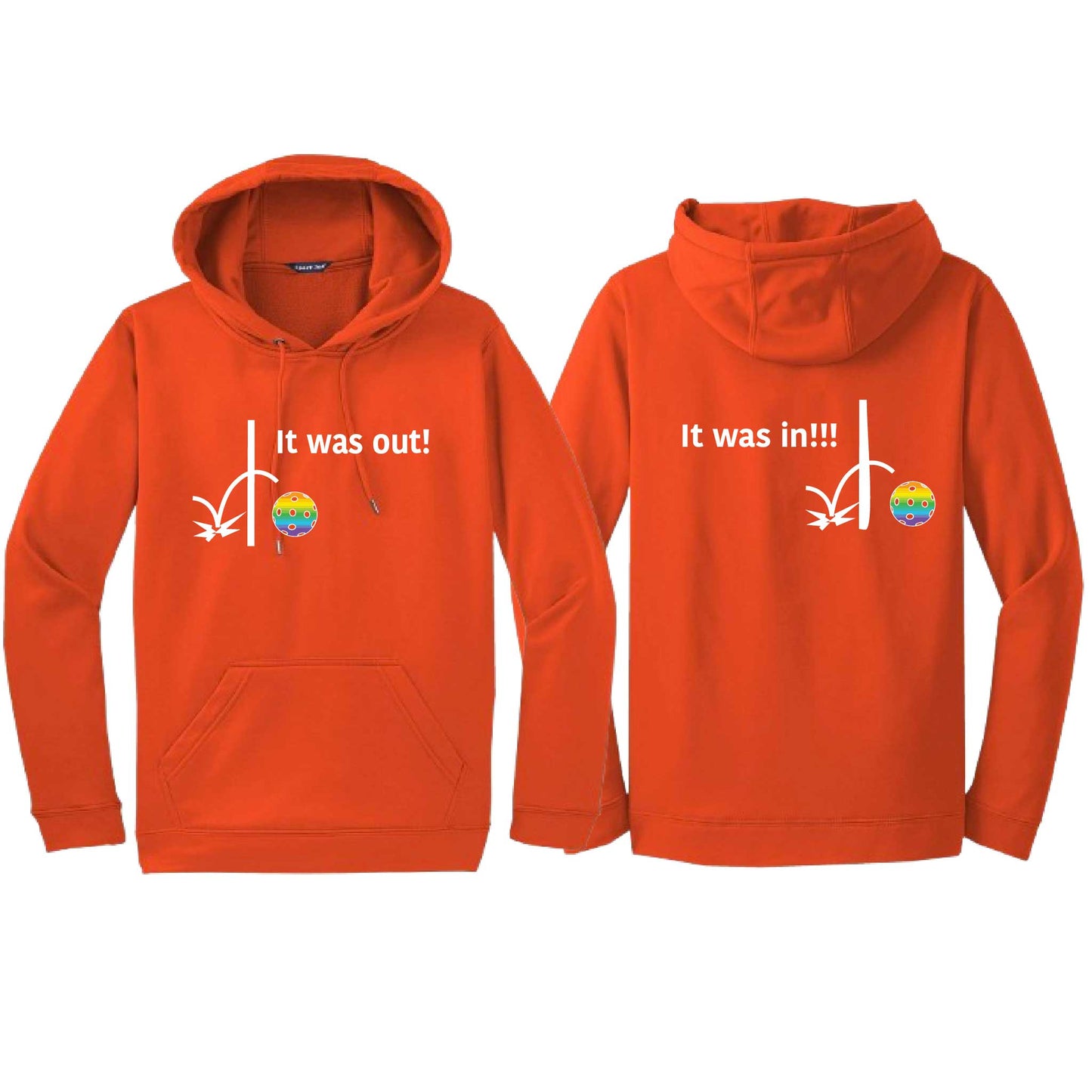 It Was Out! It Was In! (Pickleballs Pink Purple Rainbow) | Unisex Hoodie Athletic Sweatshirt | 50% Cotton/50% Polyester