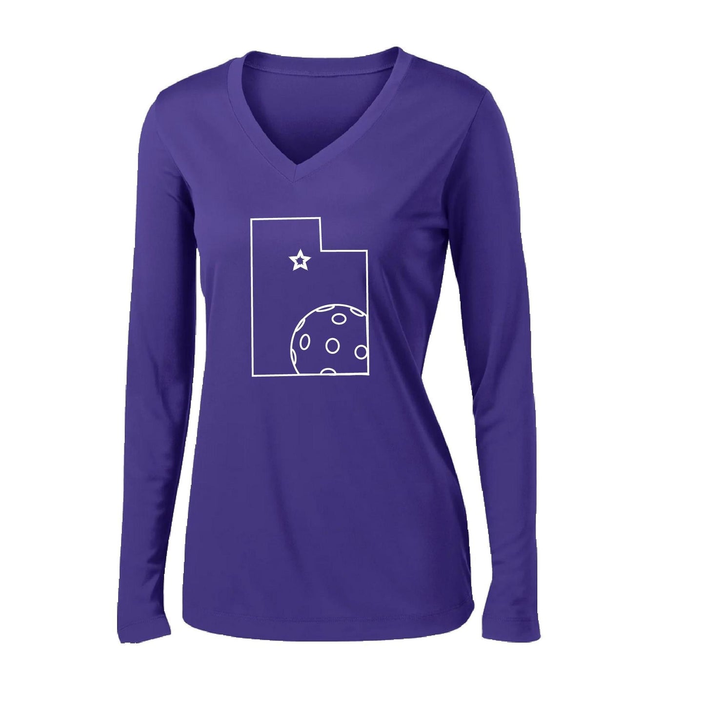Utah With Pickleball | Women’s Long Sleeve V-Neck Pickleball Performance T-Shirt | 100% Polyester
