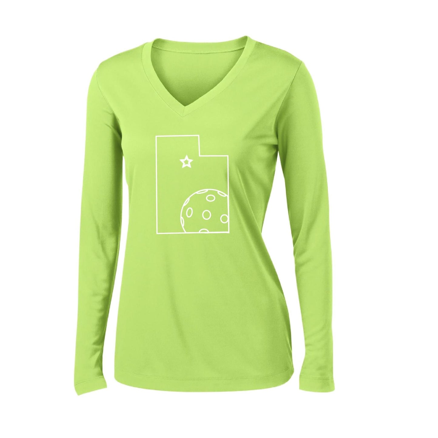 Utah With Pickleball | Women’s Long Sleeve V-Neck Pickleball Performance T-Shirt | 100% Polyester