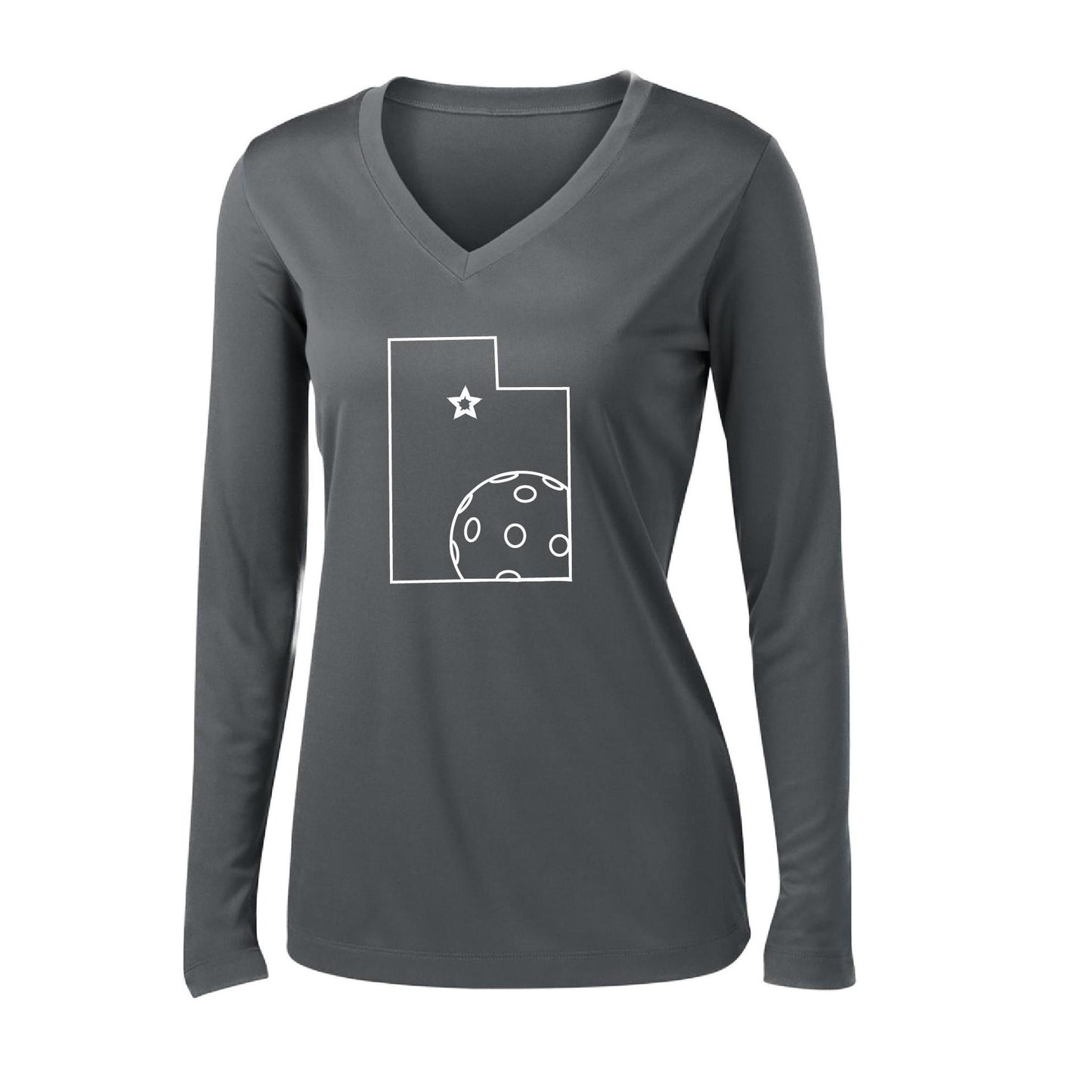 Utah With Pickleball | Women’s Long Sleeve V-Neck Pickleball Performance T-Shirt | 100% Polyester