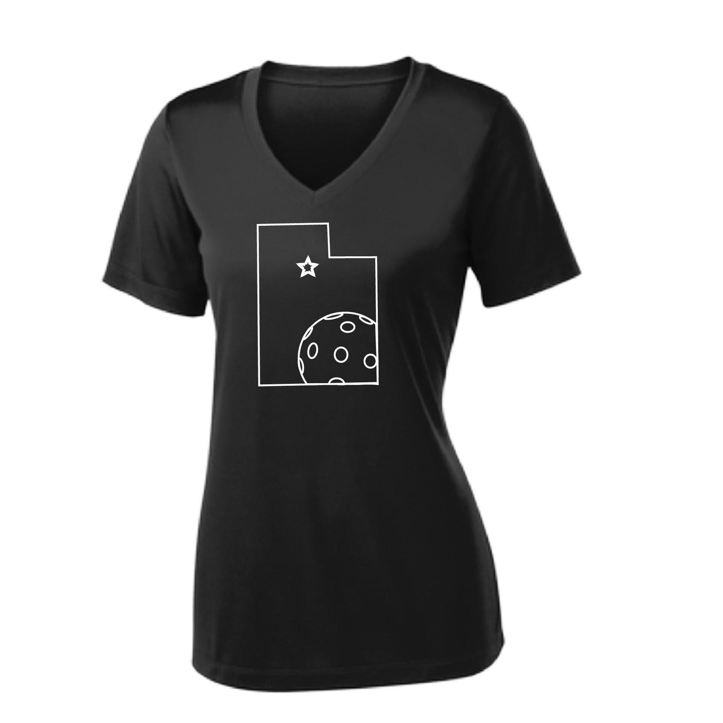 Utah With Pickleball | Women’s Short Sleeve V-Neck Pickleball Performance T-Shirts | 100% Polyester