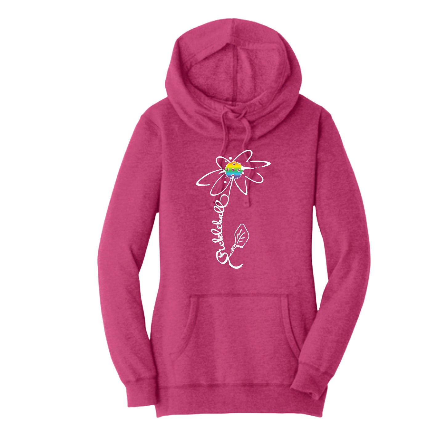 Pickleball Flower (Pink Purple Rainbow) | Women’s Cowl-Neck Hoodie Pickleball Sweatshirt | 55% Cotton 45% Poly Fleece