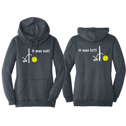 It Was In!!! It Was Out!!! (Pickleballs Red White Yellow) | Women’s Cowl-Neck Hoodie Pickleball Sweatshirt | 55% Cotton 45% Poly Fleece