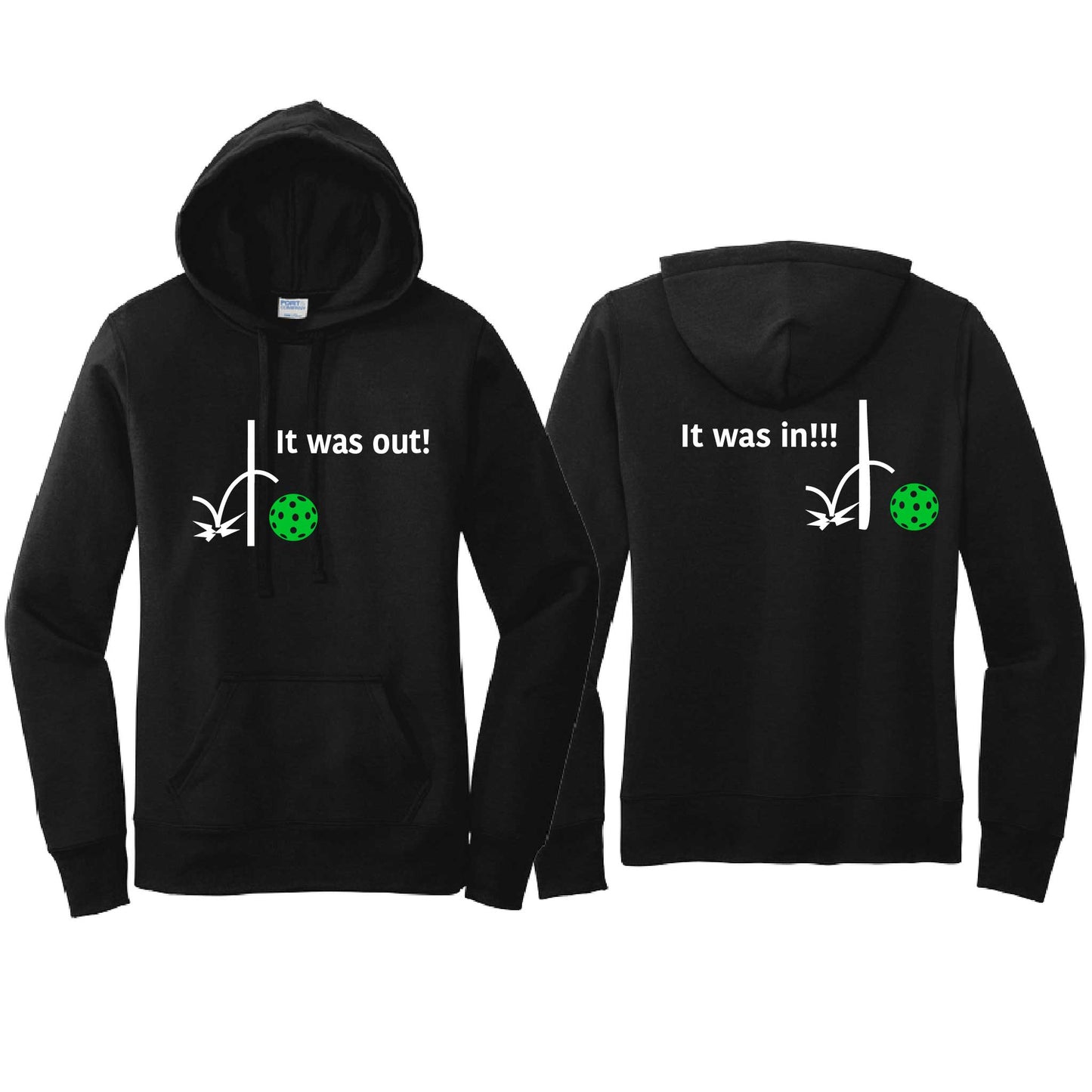 It Was Out! It Was In! (Pickleballs Cyan Green Orange) | Women’s Fitted Hoodie Pickleball Sweatshirt | 50% Cotton 50% Poly Fleece