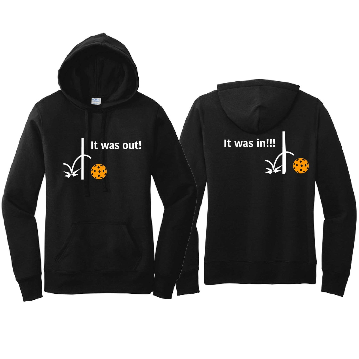 It Was Out! It Was In! (Pickleballs Cyan Green Orange) | Women’s Fitted Hoodie Pickleball Sweatshirt | 50% Cotton 50% Poly Fleece