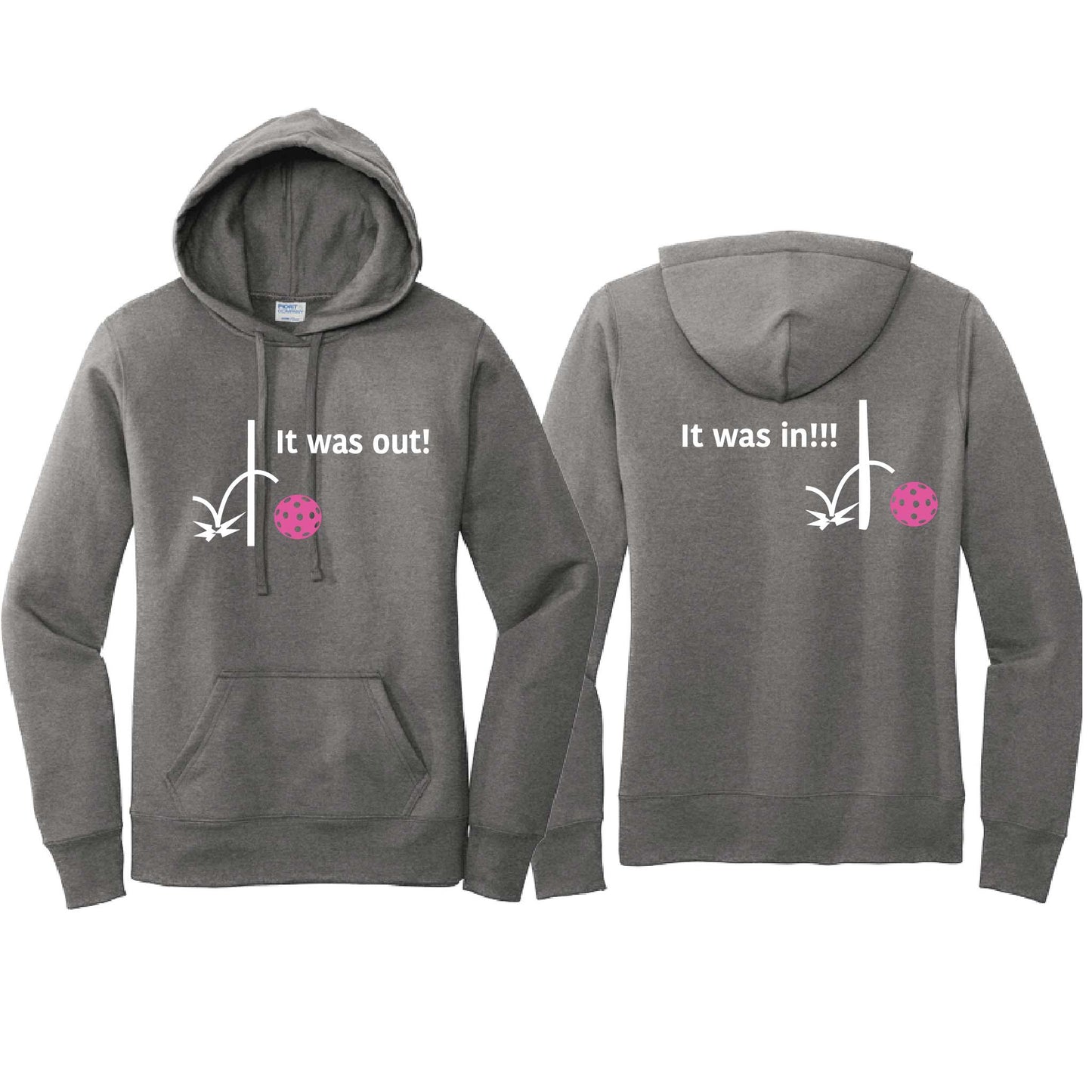 It Was Out! It Was In! (Pickleballs Pink Purple Rainbow) | Women’s Fitted Hoodie Pickleball Sweatshirt | 50% Cotton 50% Poly Fleece