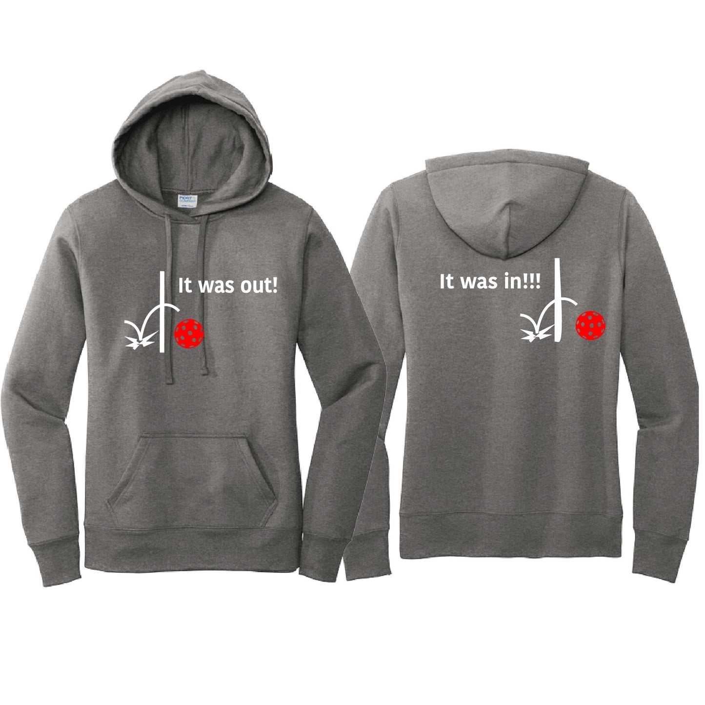 It Was Out! It Was In! (Pickleballs Red White Yellow) | Women’s Fitted Hoodie Pickleball Sweatshirt | 50% Cotton 50% Poly Fleece