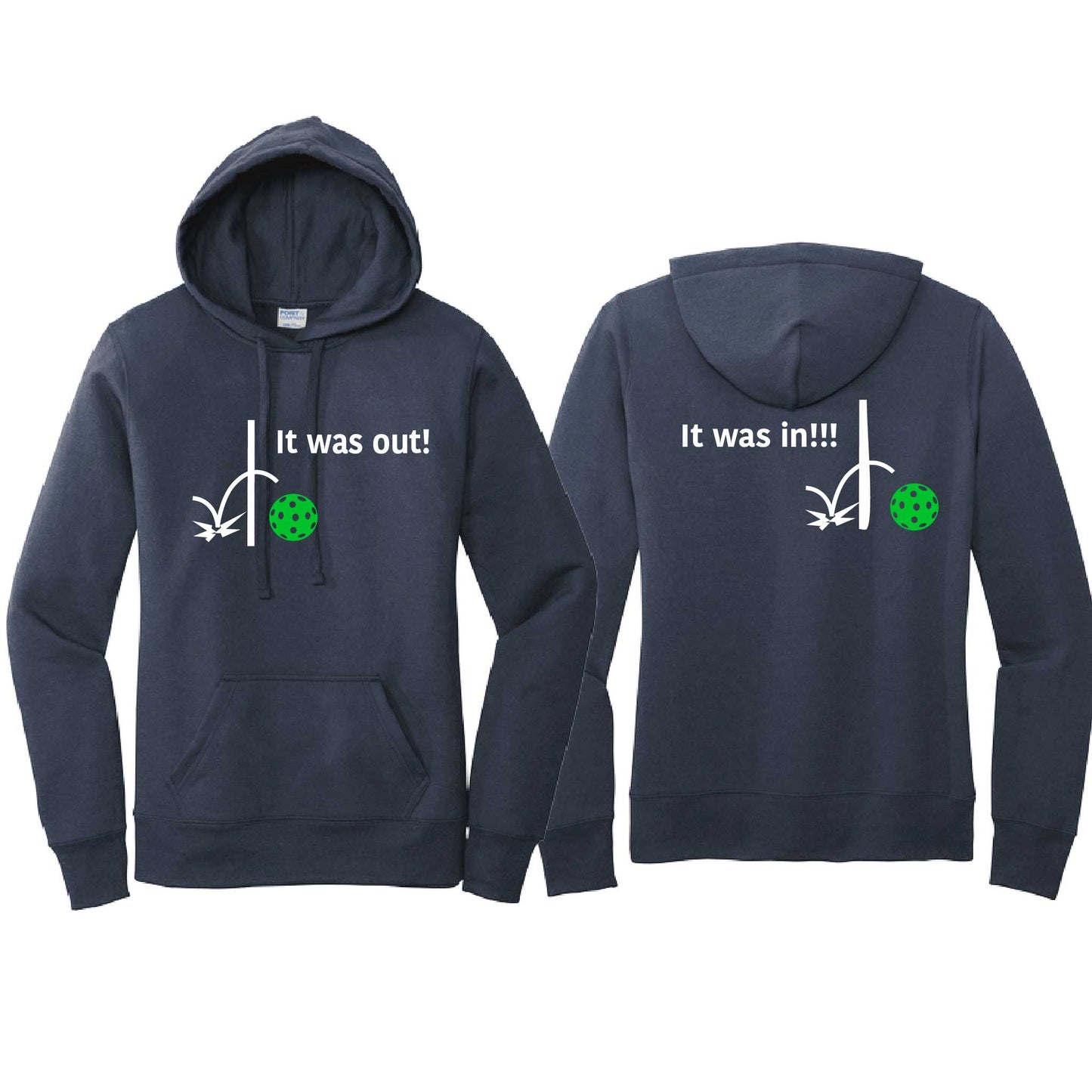 It Was Out! It Was In! (Pickleballs Cyan Green Orange) | Women’s Fitted Hoodie Pickleball Sweatshirt | 50% Cotton 50% Poly Fleece