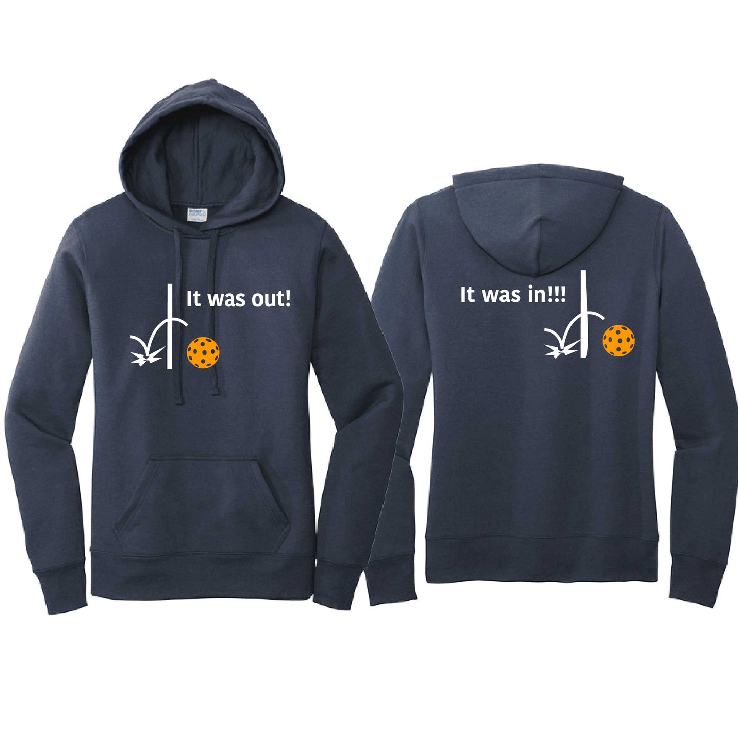 It Was Out! It Was In! (Pickleballs Cyan Green Orange) | Women’s Fitted Hoodie Pickleball Sweatshirt | 50% Cotton 50% Poly Fleece