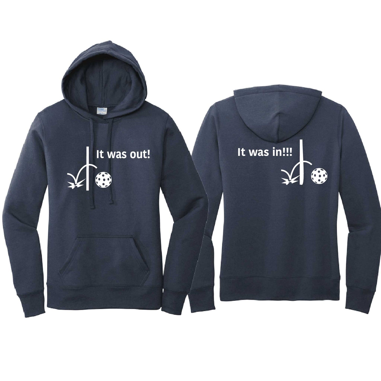 It Was Out! It Was In! (Pickleballs Red White Yellow) | Women’s Fitted Hoodie Pickleball Sweatshirt | 50% Cotton 50% Poly Fleece