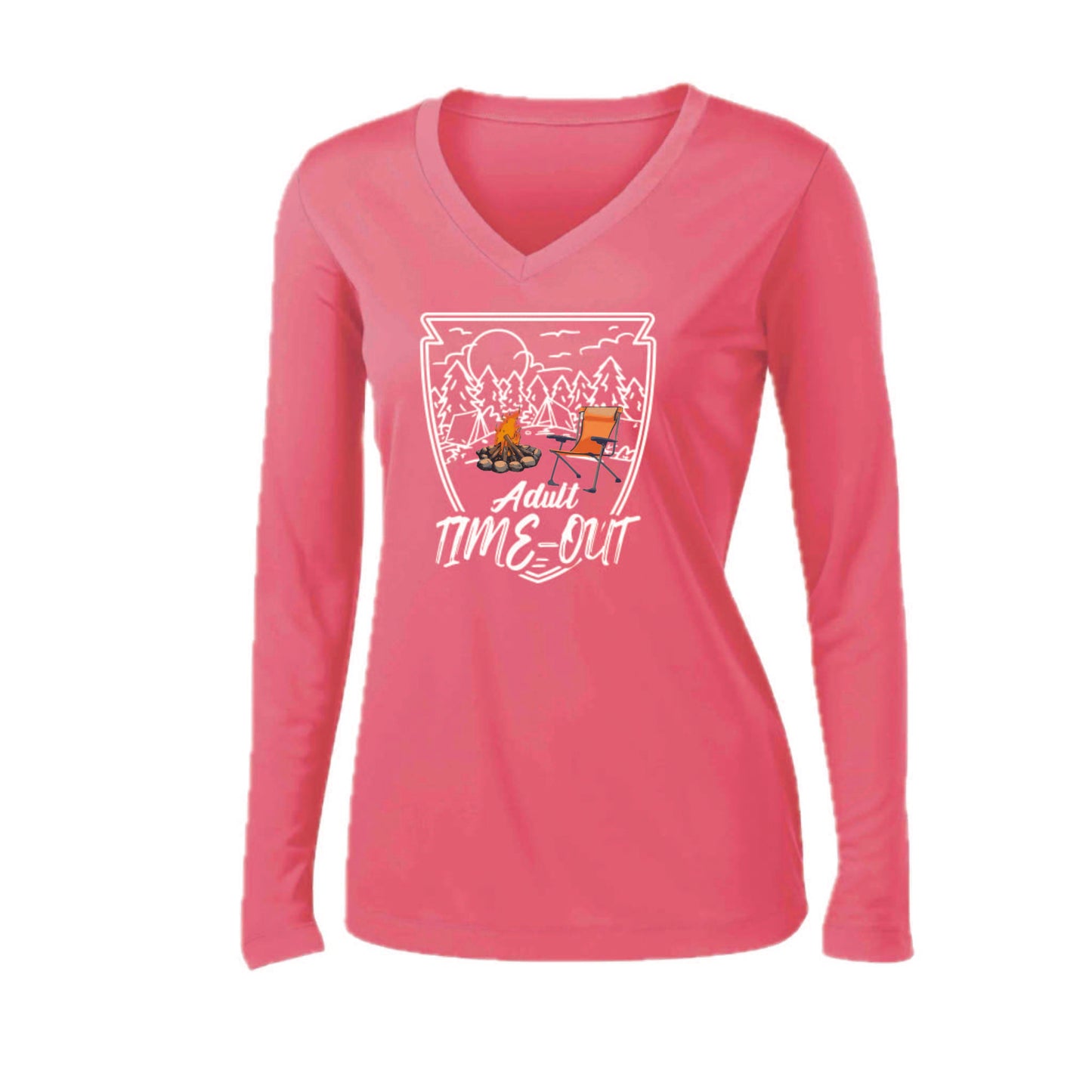 Adult Time Out | Women’s Long Sleeve V-Neck Camping T-Shirt | 100% Polyester