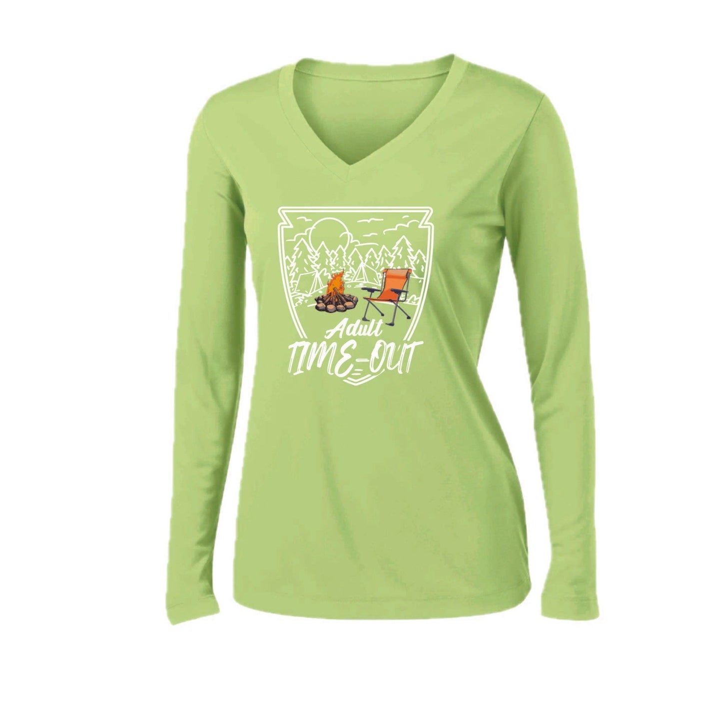 Adult Time Out | Women’s Long Sleeve V-Neck Camping T-Shirt | 100% Polyester