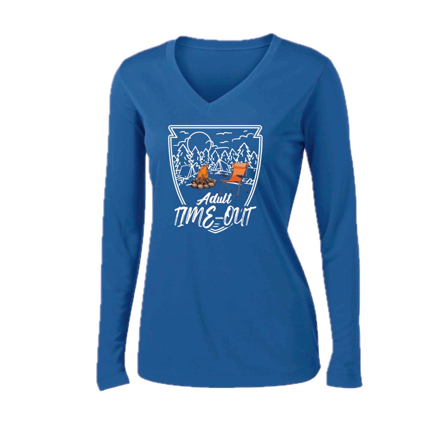 Adult Time Out | Women’s Long Sleeve V-Neck Camping T-Shirt | 100% Polyester