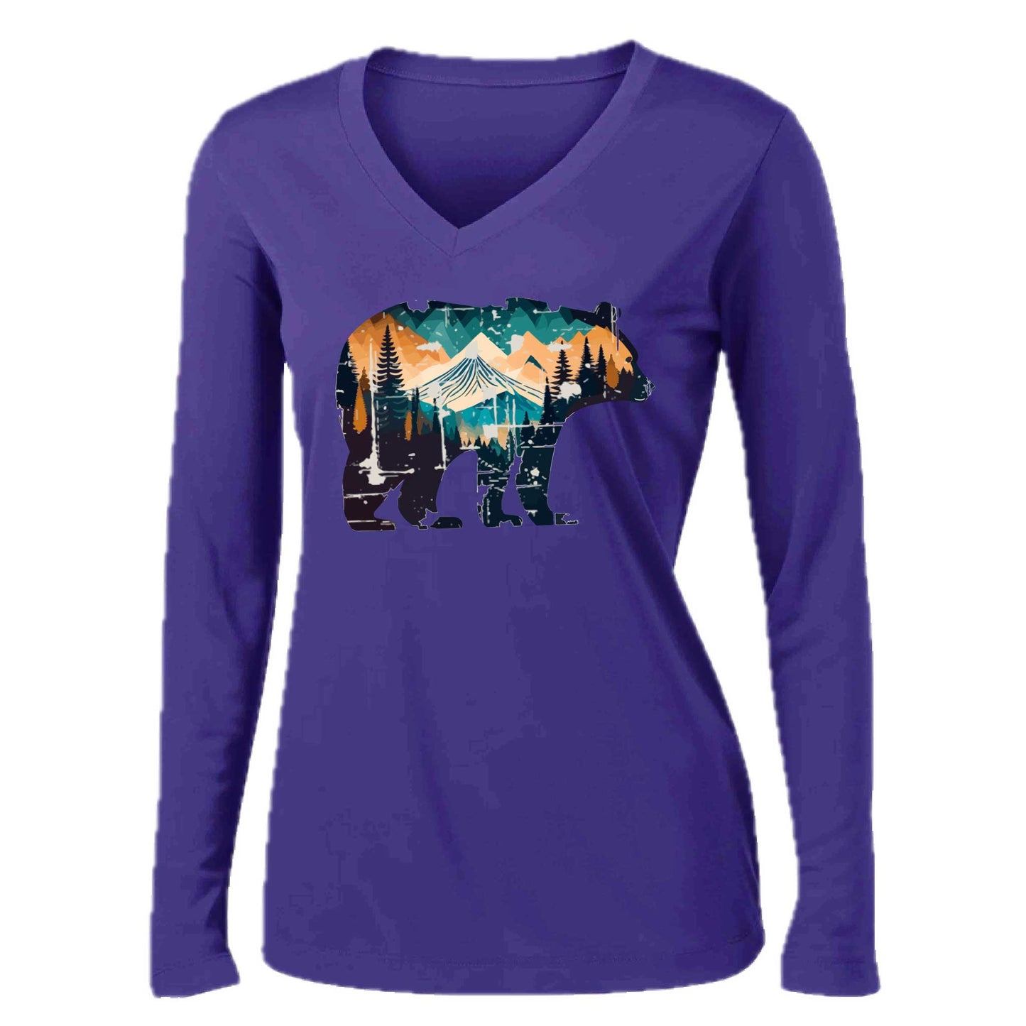 Bear Mountain | Women’s Long Sleeve V-Neck Camping T-Shirt | 100% Polyester