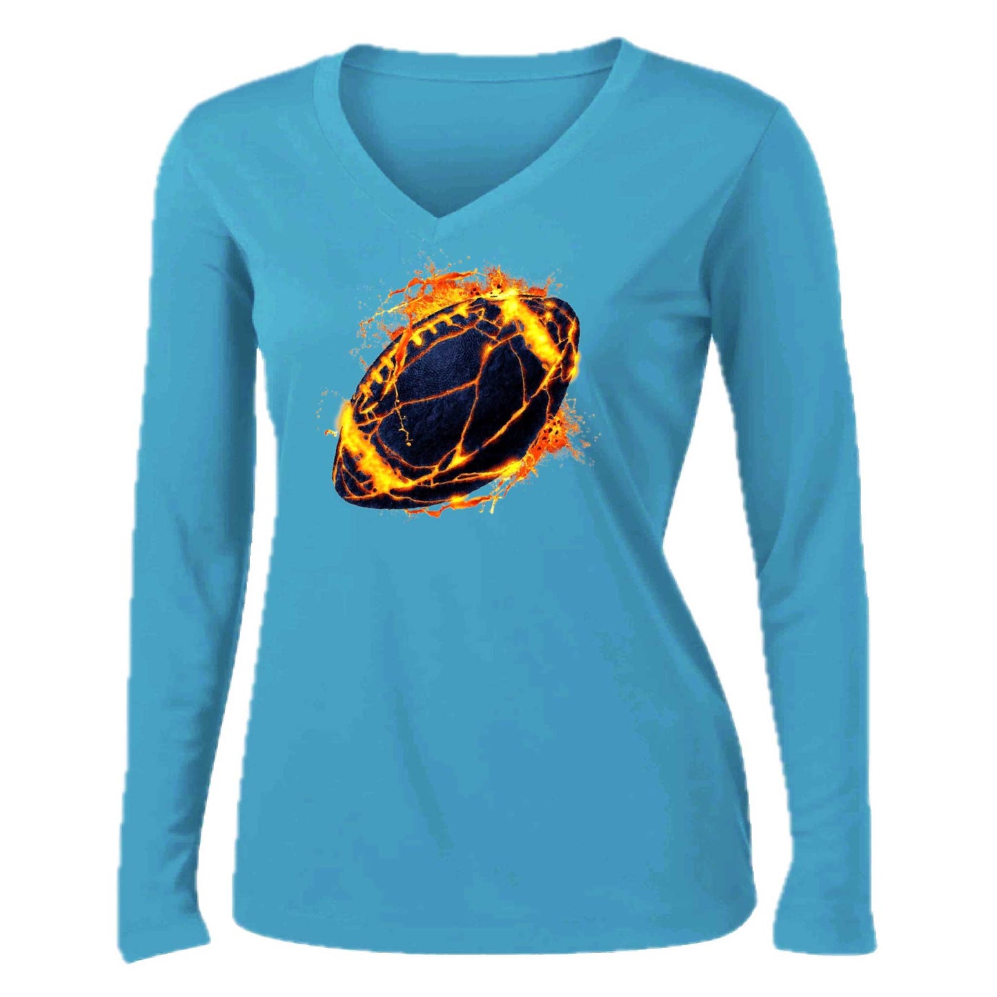 Fire Football | Women’s Long Sleeve V-Neck Football T-Shirt | 100% Polyester