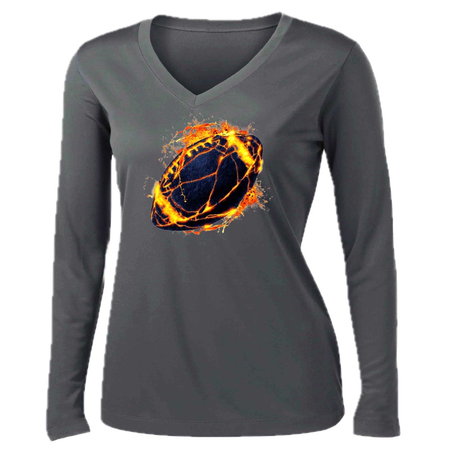 Fire Football | Women’s Long Sleeve V-Neck Football T-Shirt | 100% Polyester