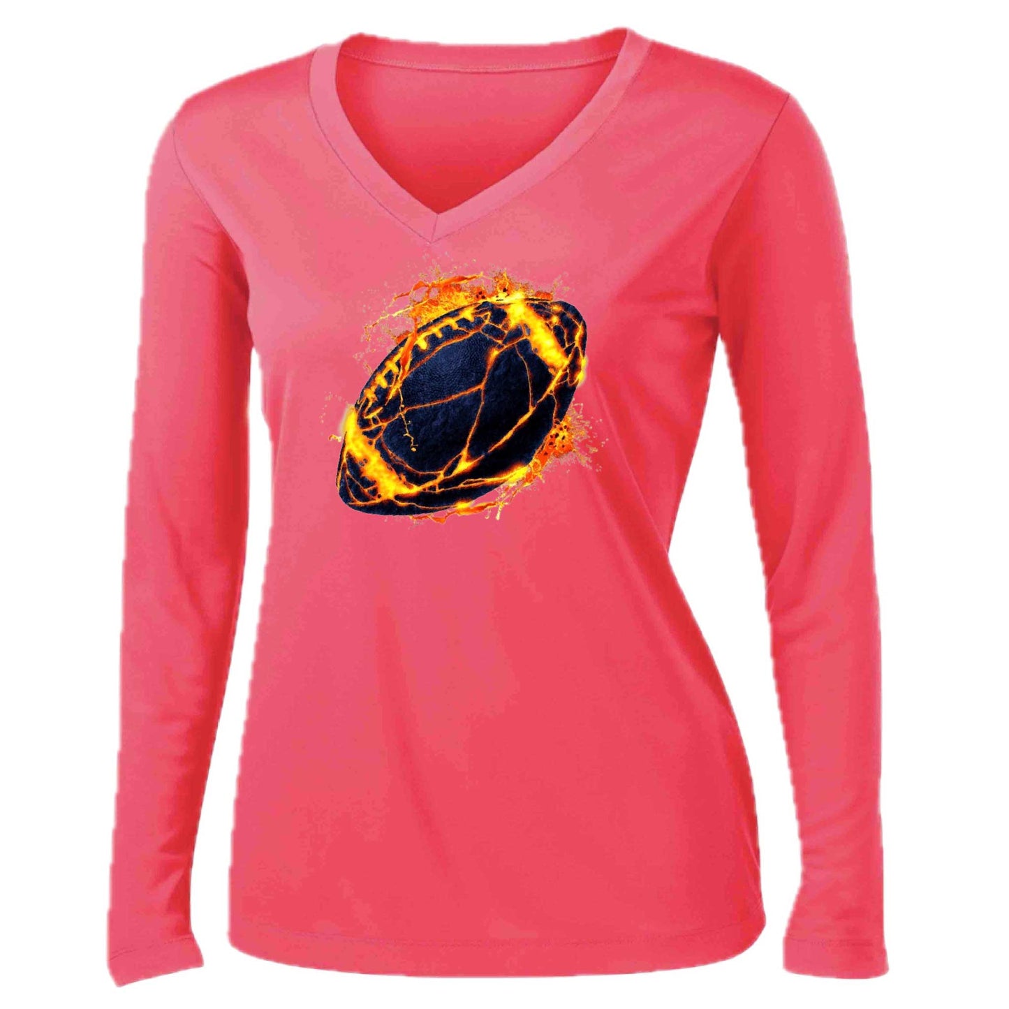Fire Football | Women’s Long Sleeve V-Neck Football T-Shirt | 100% Polyester