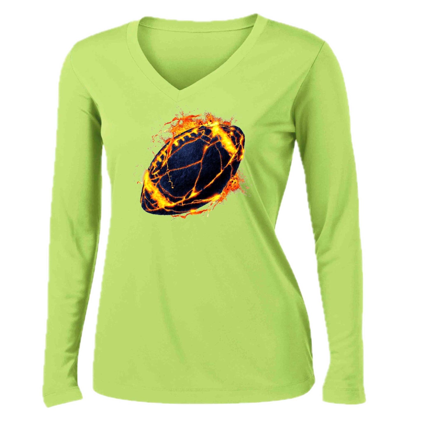 Fire Football | Women’s Long Sleeve V-Neck Football T-Shirt | 100% Polyester