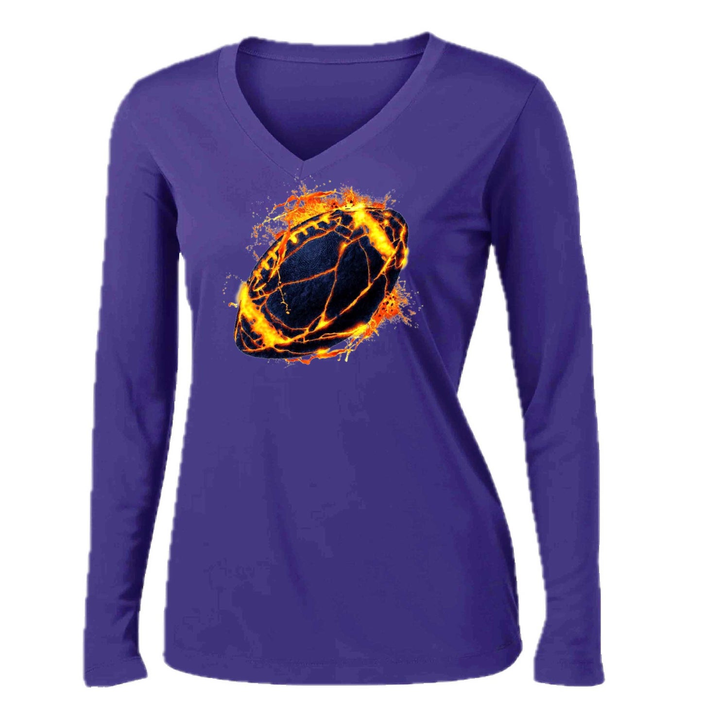 Fire Football | Women’s Long Sleeve V-Neck Football T-Shirt | 100% Polyester