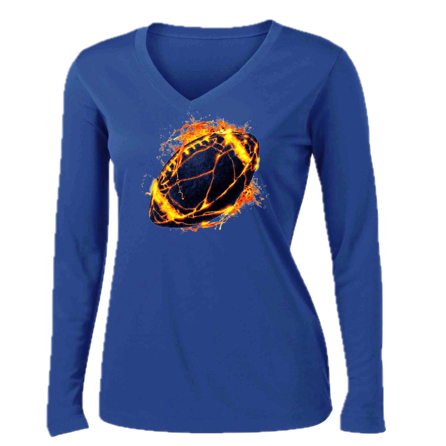 Fire Football | Women’s Long Sleeve V-Neck Football T-Shirt | 100% Polyester