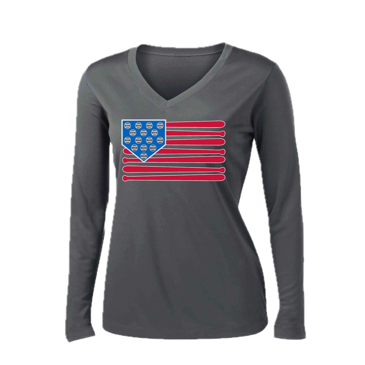 Baseball Flag | Women’s Long Sleeve V-Neck Baseball Performance T-Shirt | 100% Polyester