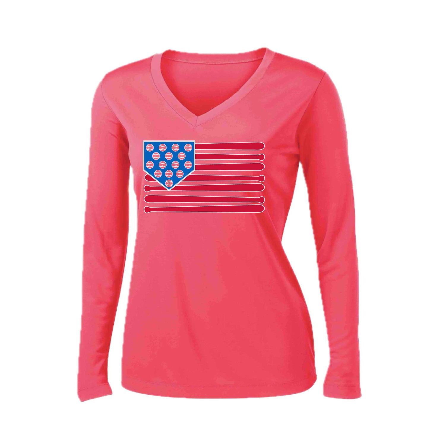 Baseball Flag | Women’s Long Sleeve V-Neck Baseball Performance T-Shirt | 100% Polyester