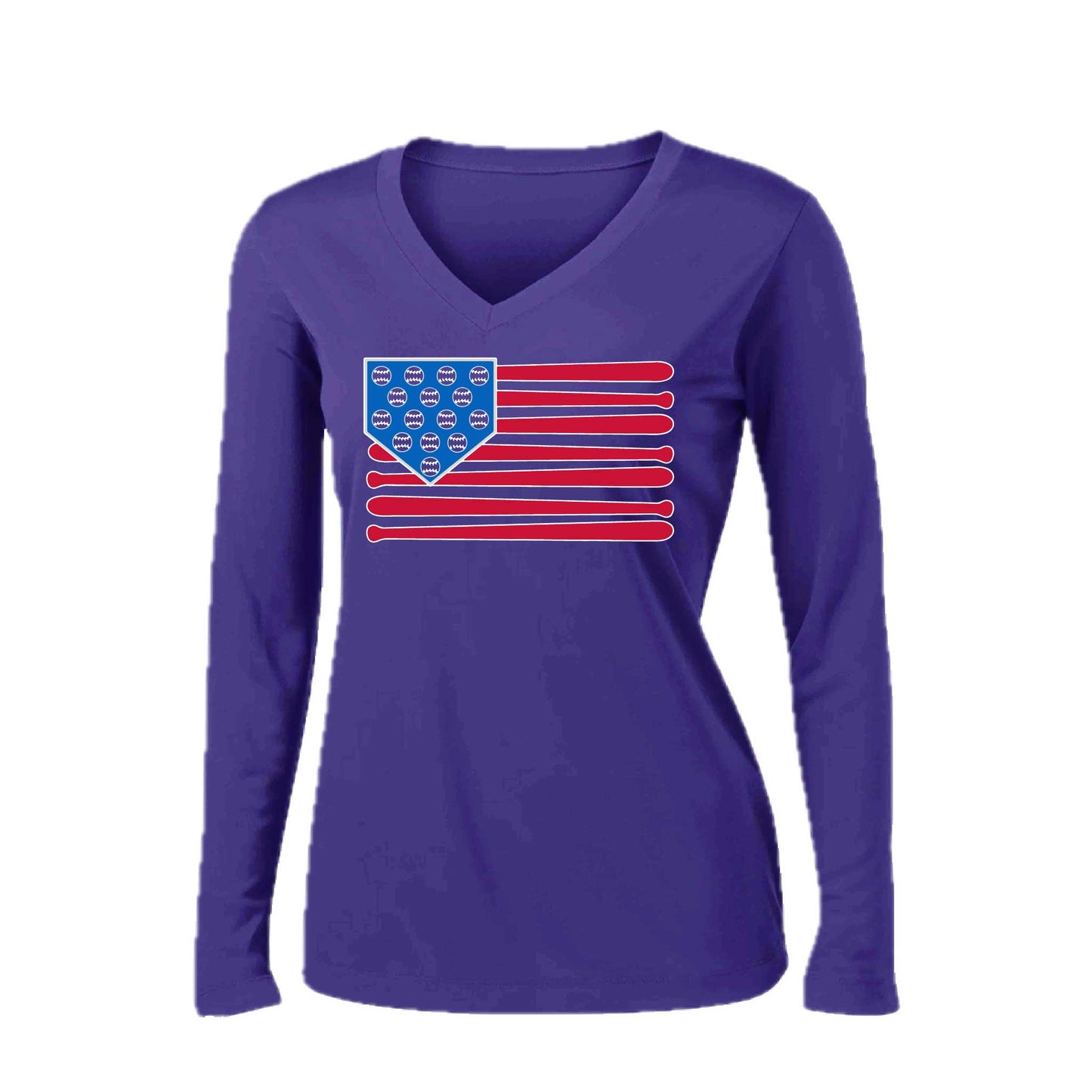 Baseball Flag | Women’s Long Sleeve V-Neck Baseball Performance T-Shirt | 100% Polyester