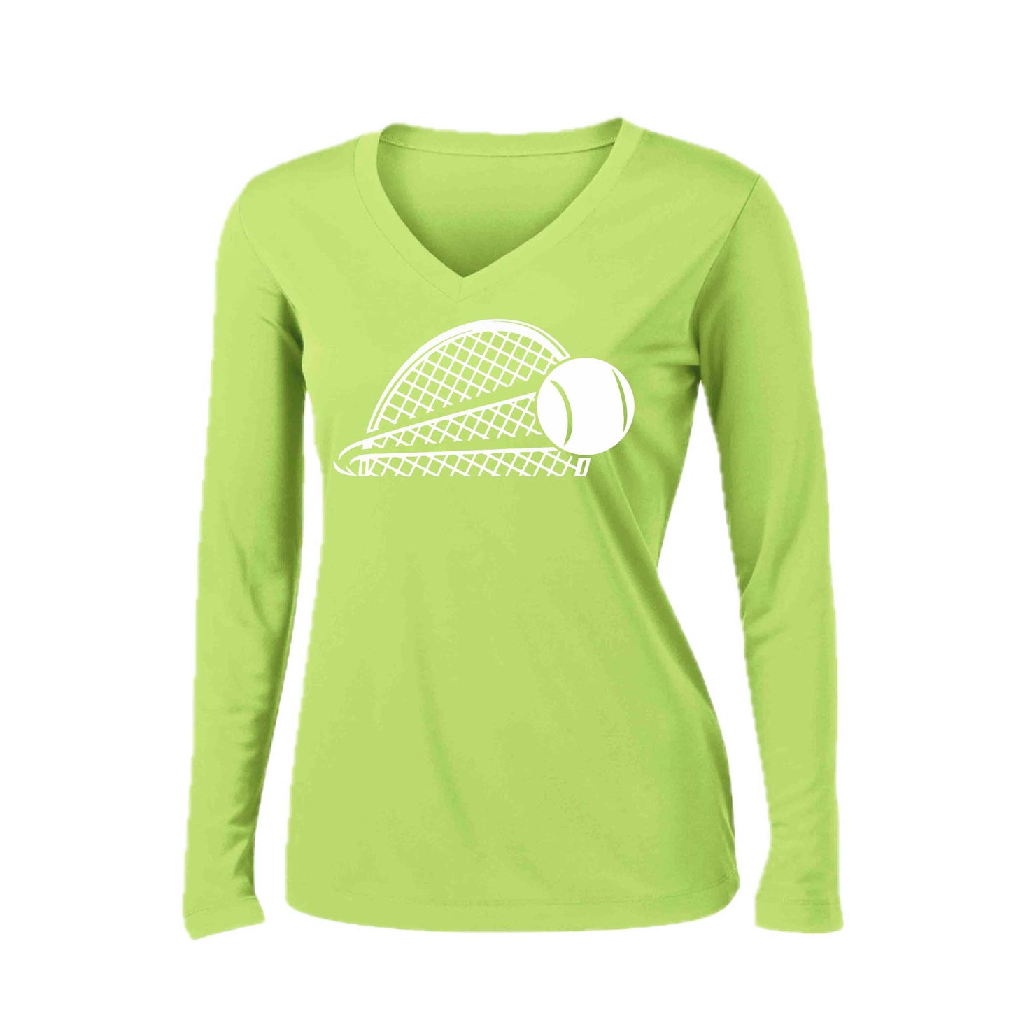 Tennis Half Racquet | Women’s Long Sleeve V-Neck Tennis Performance T-Shirt | 100% Polyester