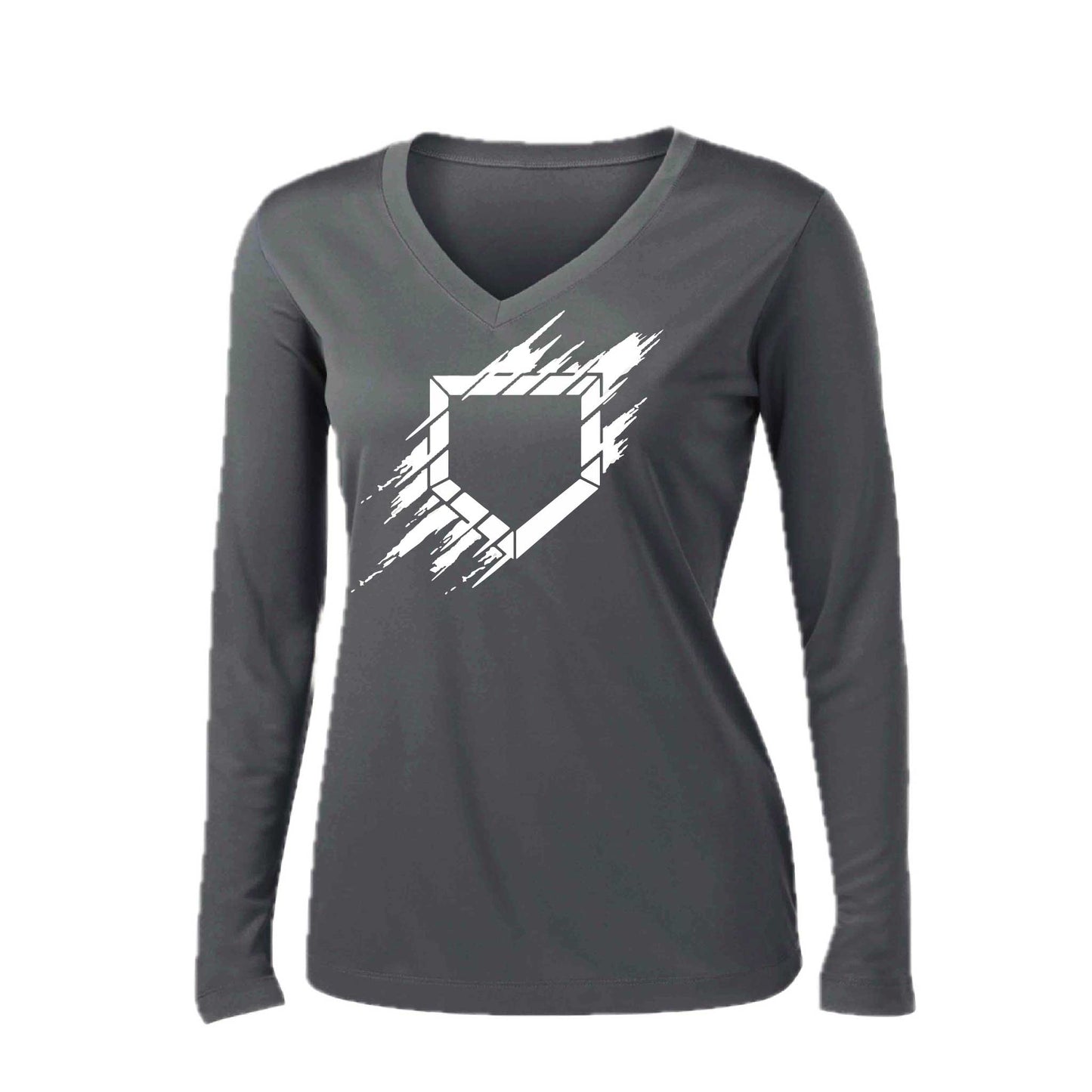 Home Plate | Women’s Long Sleeve V-Neck Baseball Performance T-Shirt | 100% Polyester