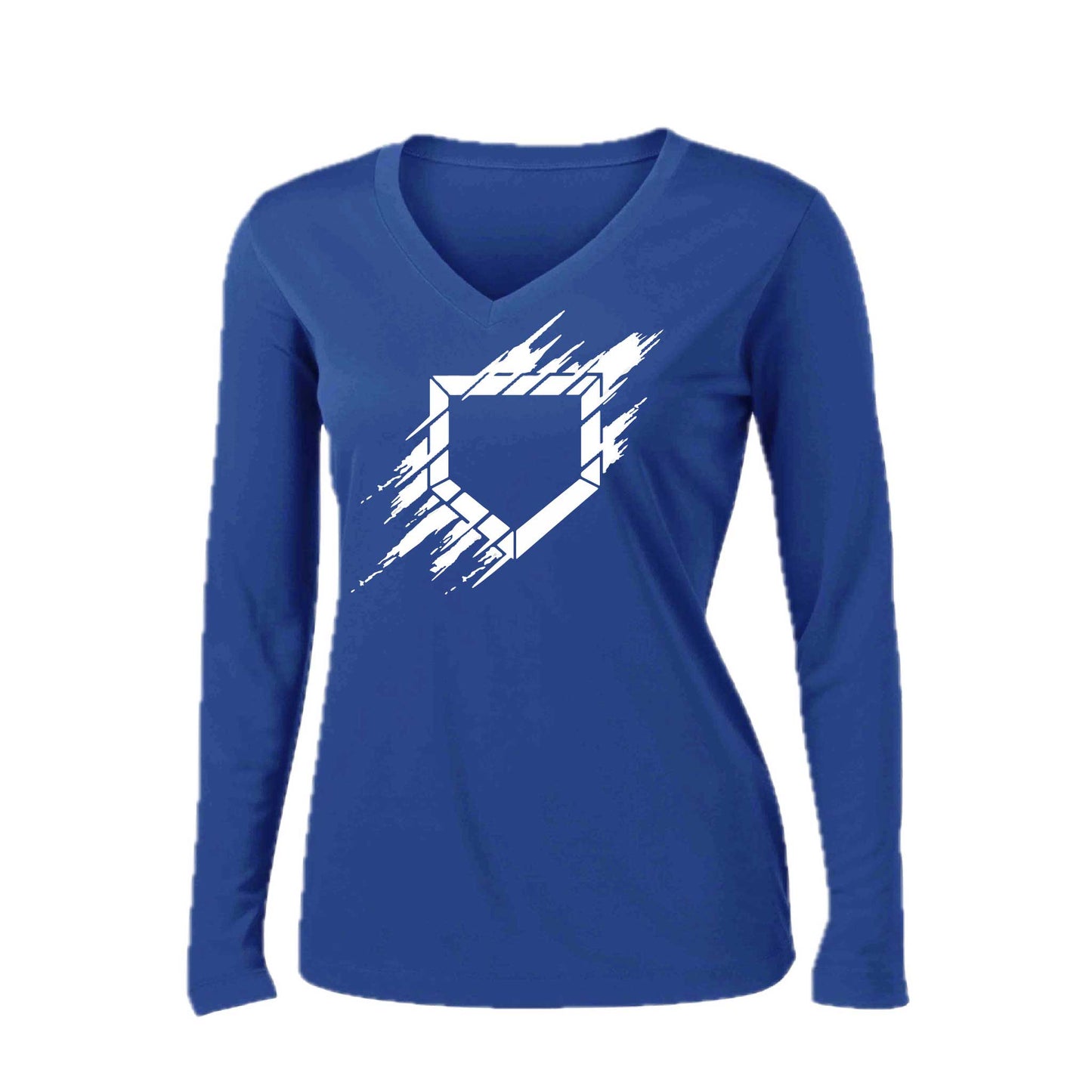 Home Plate | Women’s Long Sleeve V-Neck Baseball Performance T-Shirt | 100% Polyester