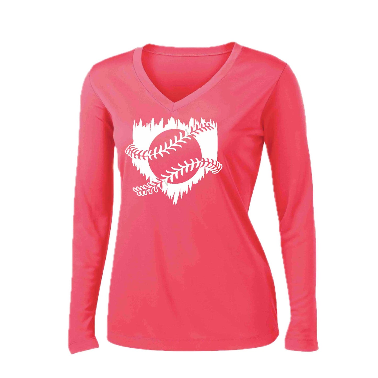 Home Run | Women’s Long Sleeve V-Neck Baseball Performance T-Shirt | 100% Polyester