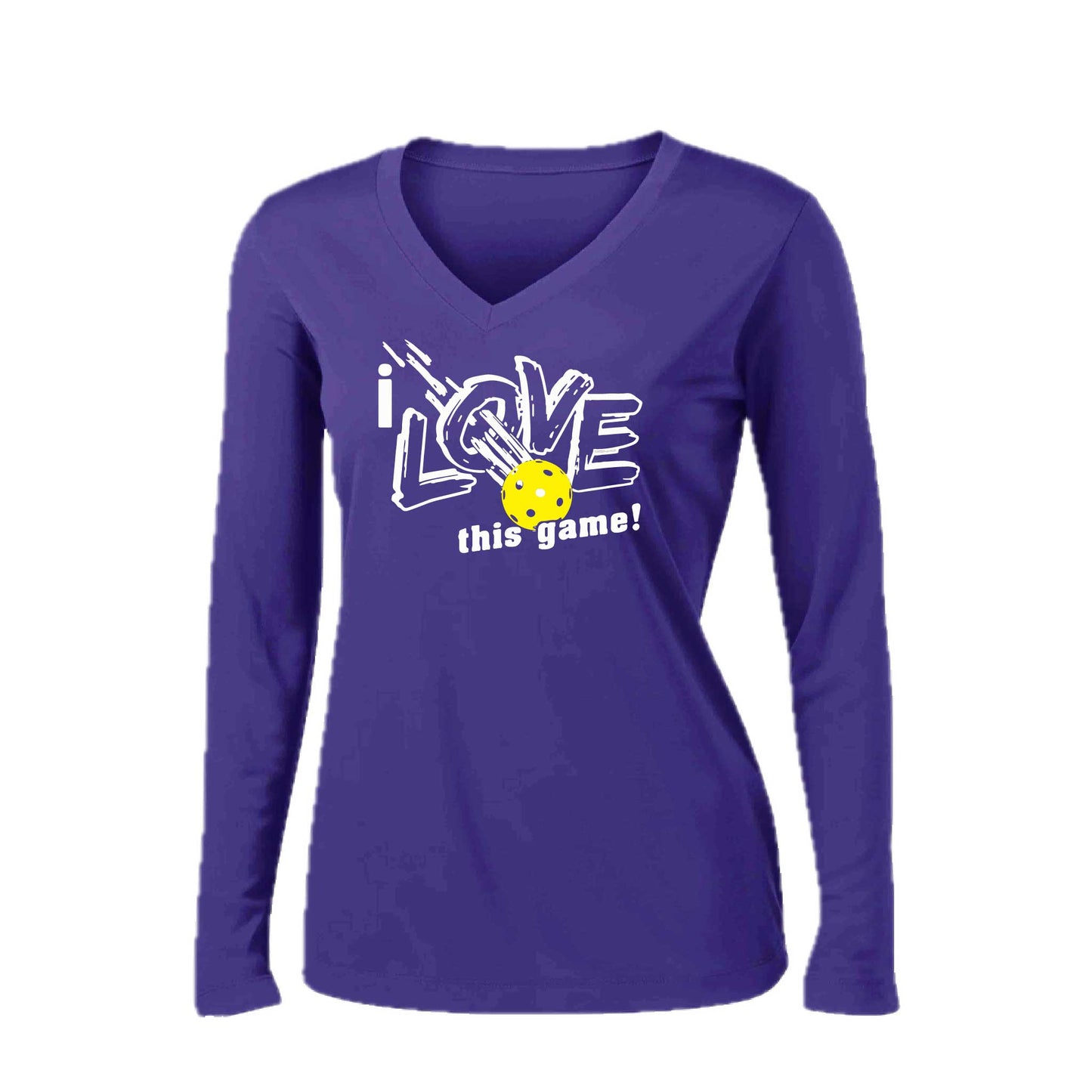 I Love This Game | Women’s Long Sleeve V-Neck Pickleball Performance T-Shirt | 100% Polyester