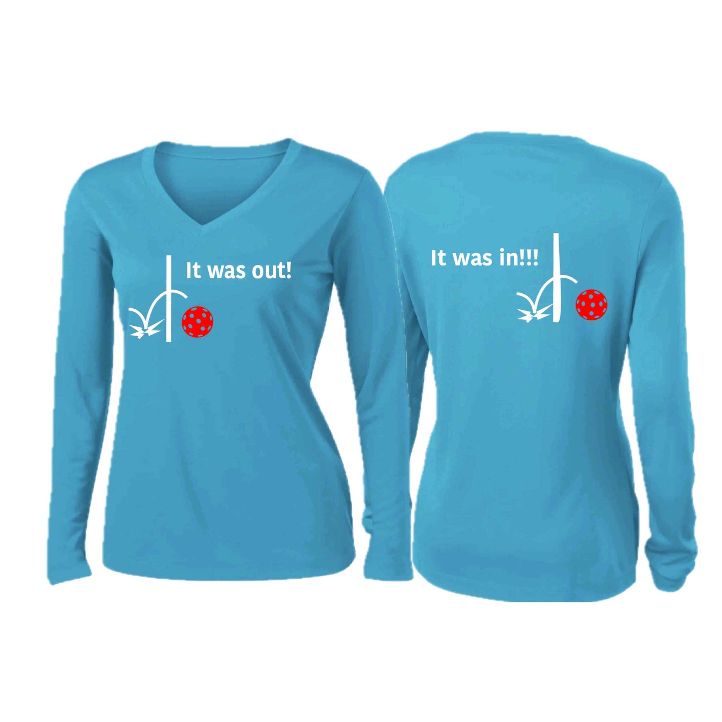 It Was Out! It Was In! (Pickleballs Red White Yellow) | Women’s Long Sleeve V-Neck Pickleball Performance T-Shirt | 100% Polyester