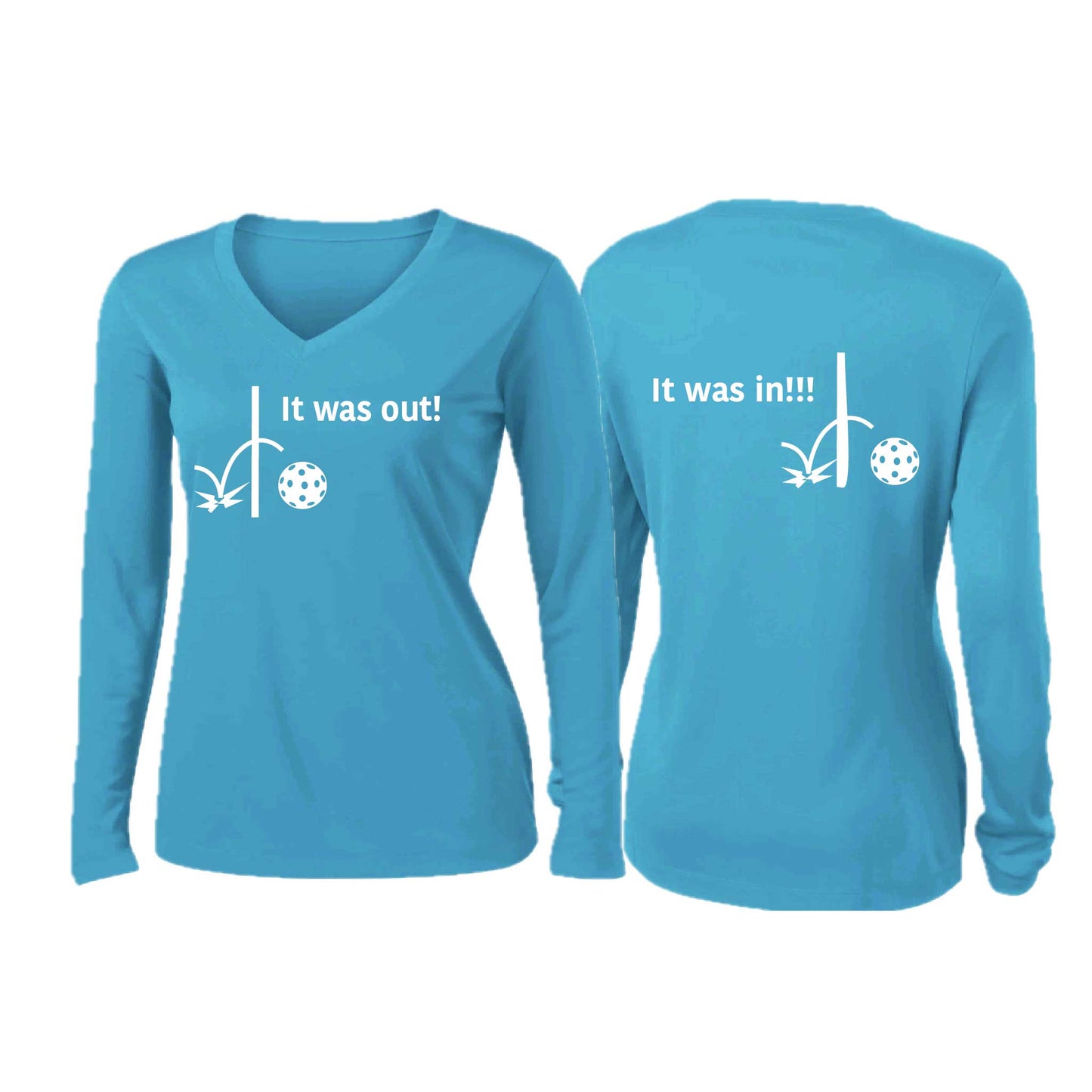 It Was Out! It Was In! (Pickleballs Red White Yellow) | Women’s Long Sleeve V-Neck Pickleball Performance T-Shirt | 100% Polyester
