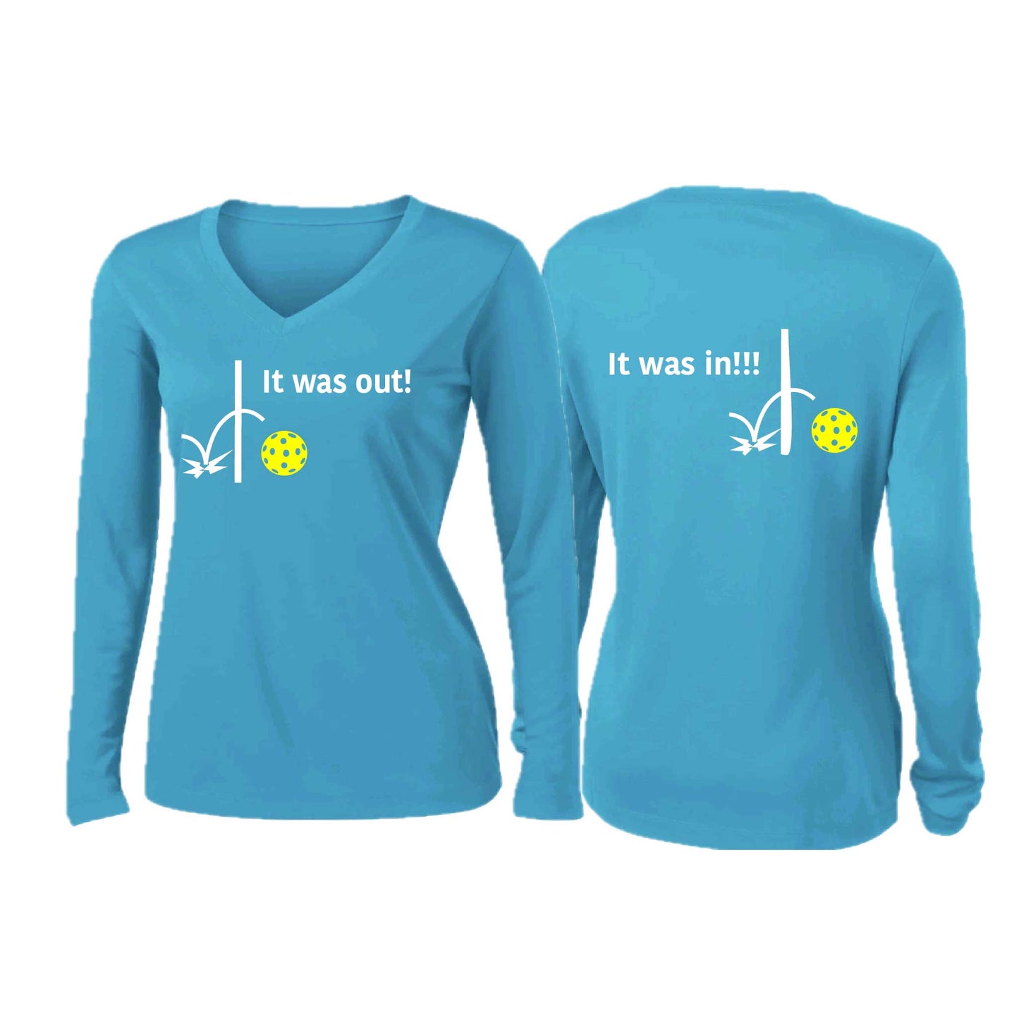 It Was Out! It Was In! (Pickleballs Red White Yellow) | Women’s Long Sleeve V-Neck Pickleball Performance T-Shirt | 100% Polyester