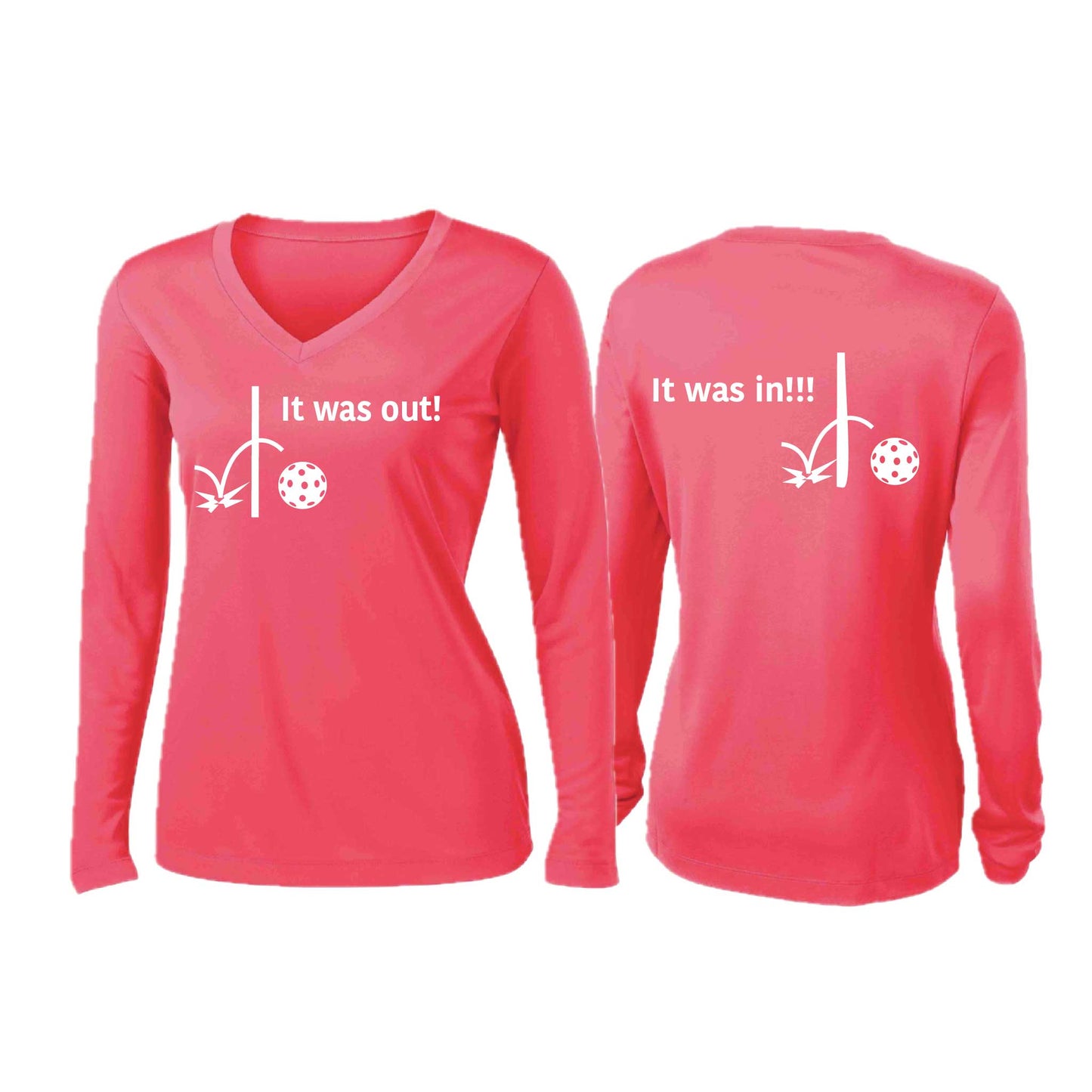 It Was Out! It Was In! (Pickleballs Red White Yellow) | Women’s Long Sleeve V-Neck Pickleball Performance T-Shirt | 100% Polyester