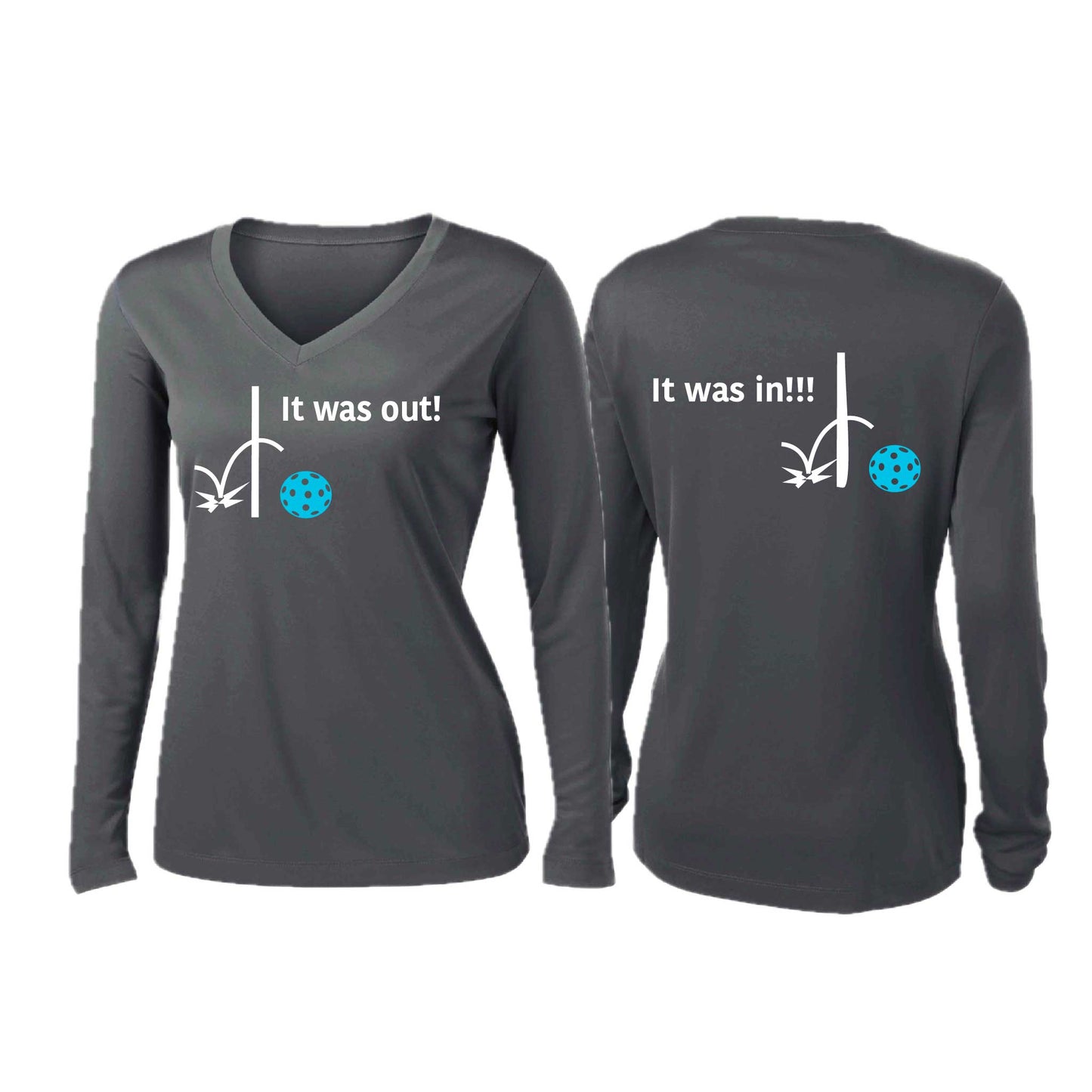 It Was Out! It Was In! (Pickleballs Cyan Green Orange) | Women’s Long Sleeve V-Neck Pickleball Performance T-Shirt | 100% Polyester