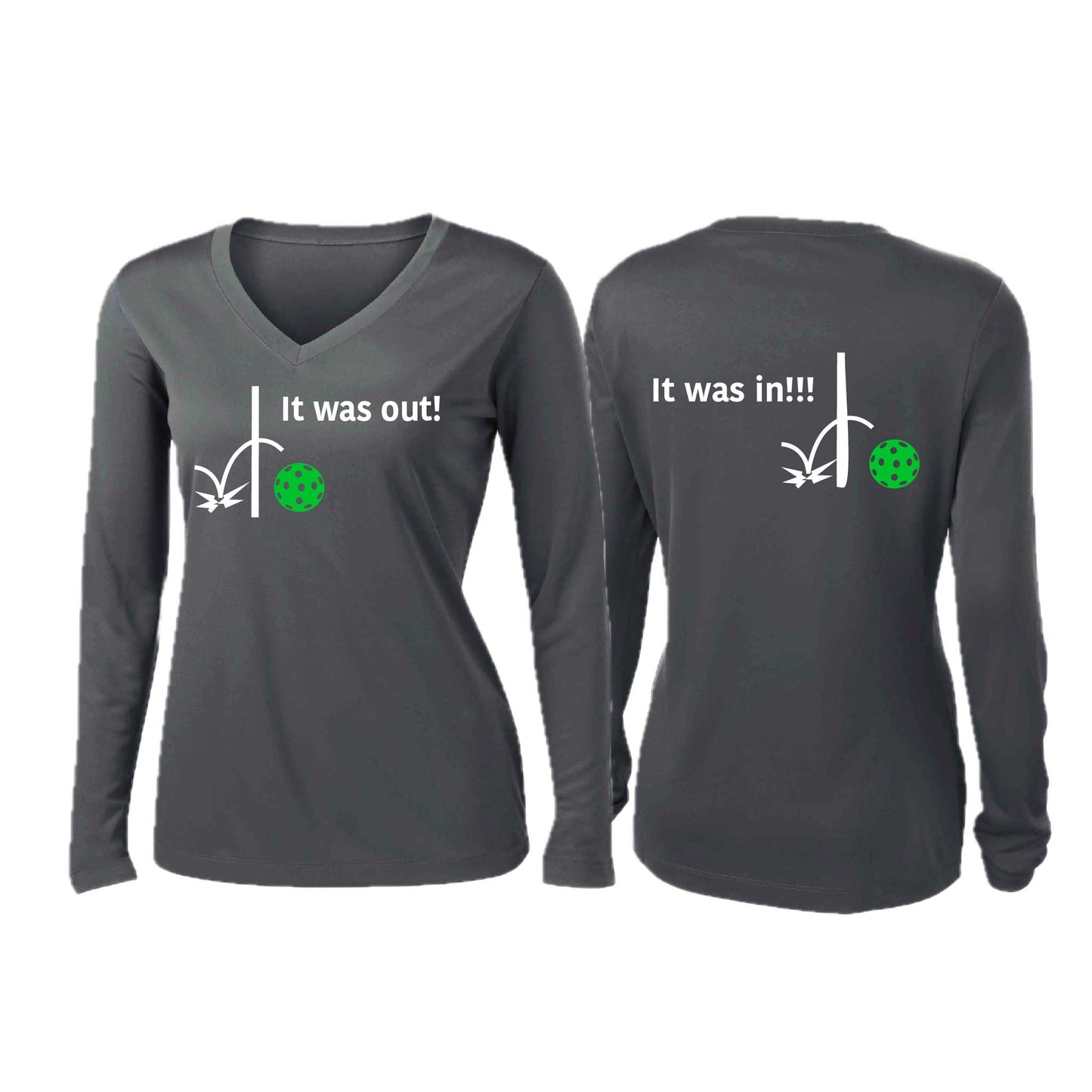 It Was Out! It Was In! (Pickleballs Cyan Green Orange) | Women’s Long Sleeve V-Neck Pickleball Performance T-Shirt | 100% Polyester